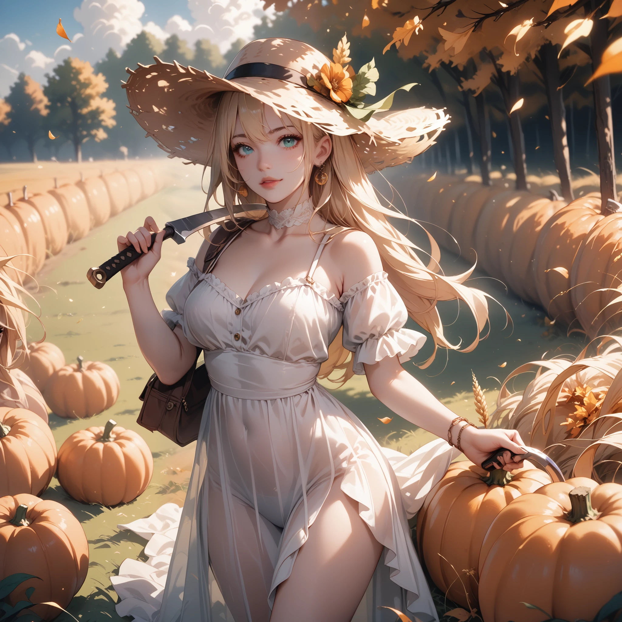 a ghostly see-through ethereal figure in a flowing white dress, big straw hat, with long blonde hair, piercing glowing teal eyes, holding a reaper sickle, standing in a sunny wheat field with orange trees in the background, orange leaves, pumpkins, fall vibes, perfect face
