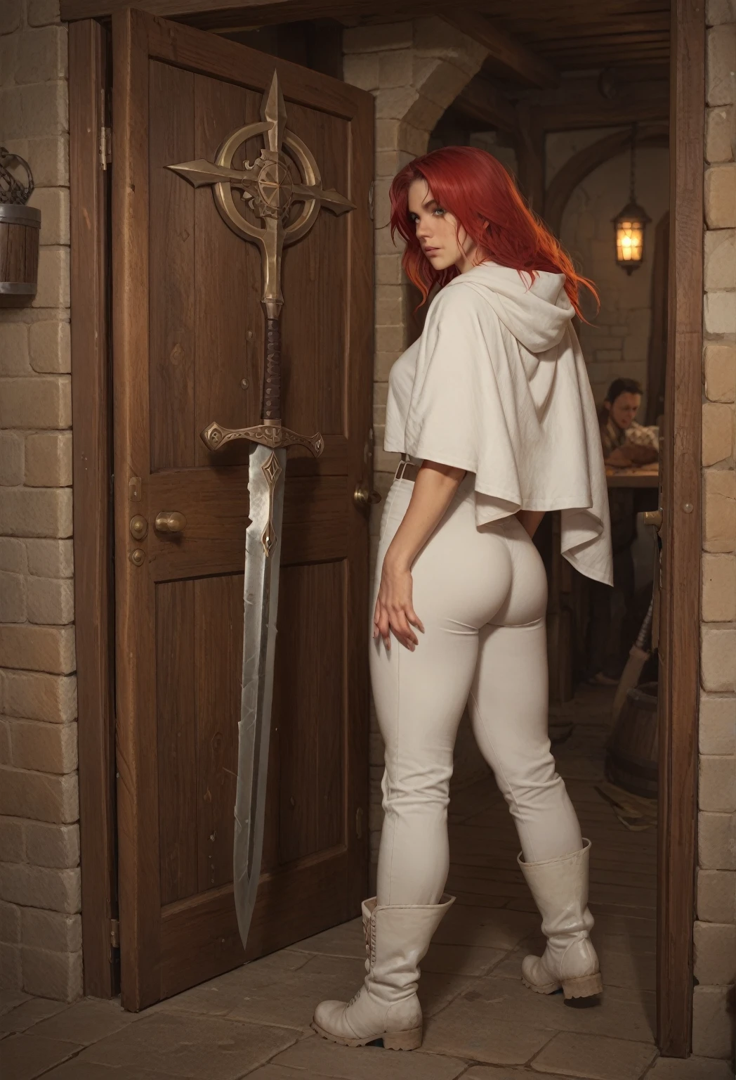 ((best quality)), ((masterpiece)), (detailed), 1girl, off-shoulder sweater, NSFW, small breasts, prominent collarbones, skinny arms, flat stomach, visible hip bones, long hair, ponytail, thick ponytail, heavy ponytail, red and white clothing, full body, whole body, body, NSFW, full body, whole body, head-to-toe NSFW