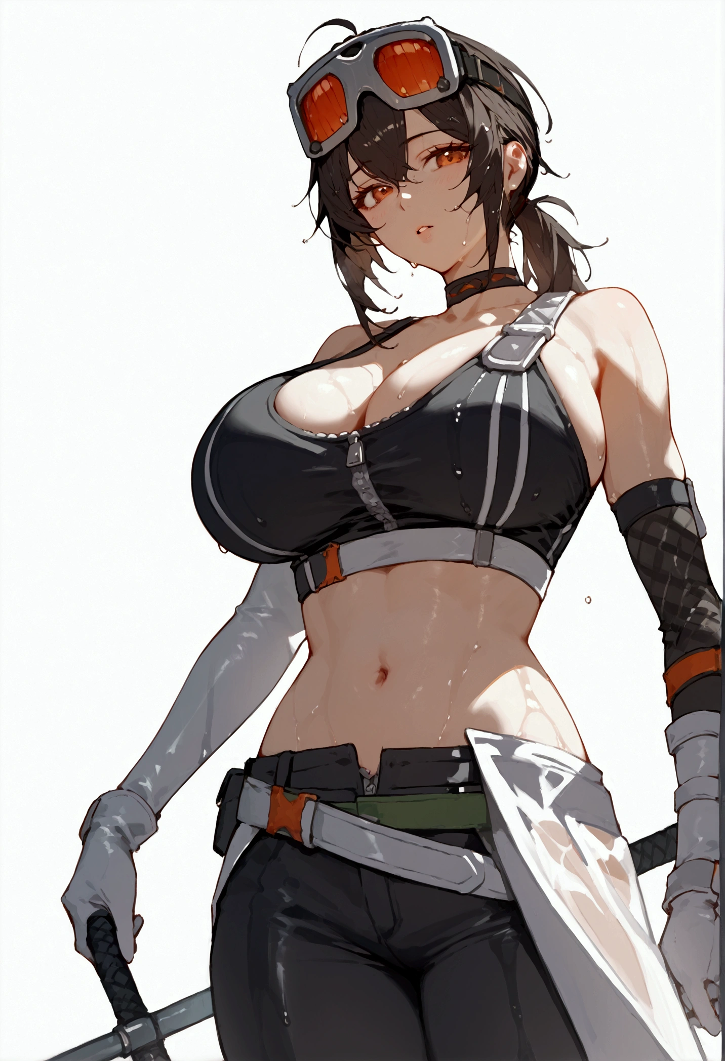 score_9, score_8_up, score_7_up, score_9, BREAK, 1girl, huge breasts, breasts beautiful, solo, score_9, score_8, score_8_up, gracehd-ponyxl, 1girl, black choker, black gloves, white gloves, black pants, black sports bra, elbow gloves, goggles on head, looking at viewer, low ponytail, parted lips, white gloves, zipper, belt, see through, Wet