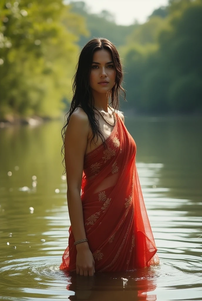 Create a Image of a gorgeous indian woman in wet transparent red saree with deep cleavage coming out of river in a forest