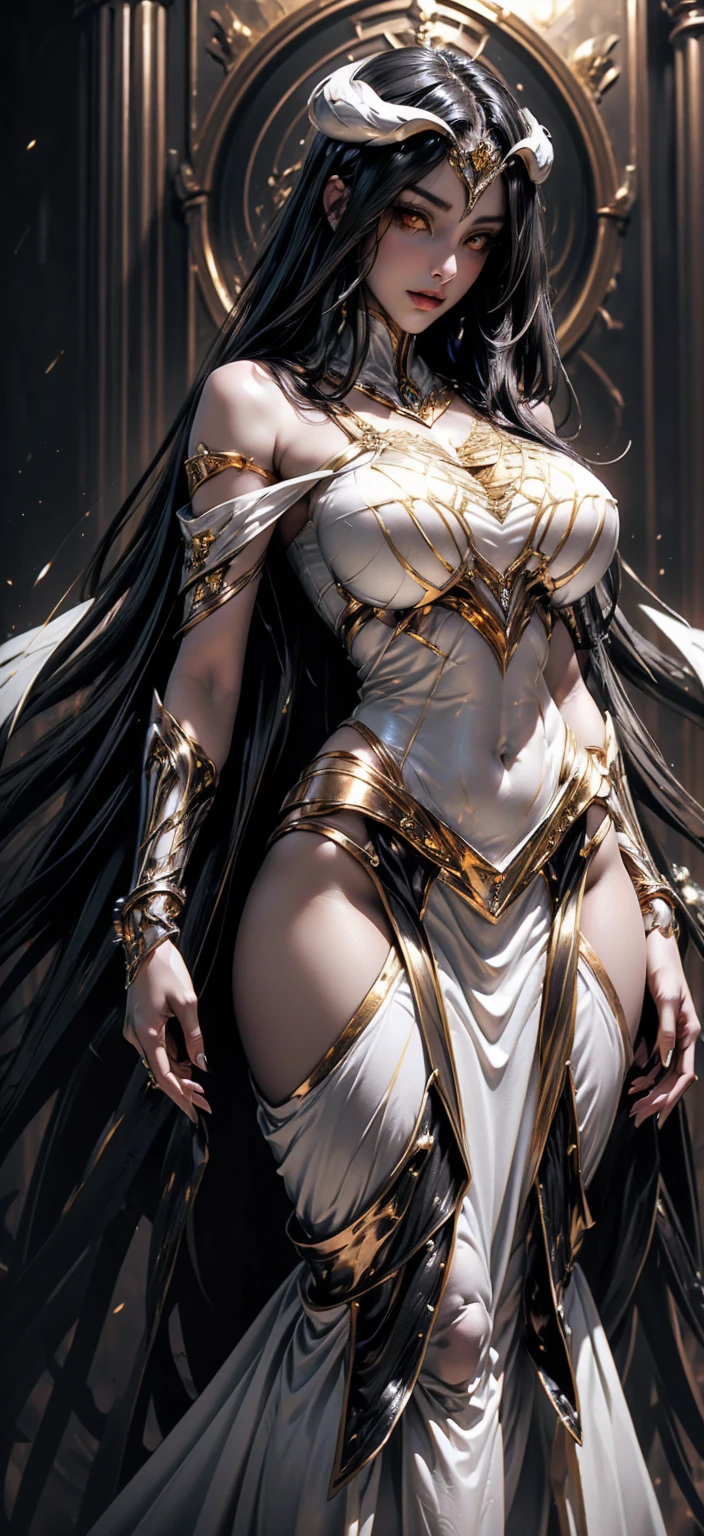 One is extremely high,Vigorous,femele,Six-winged angel,It has a silver head dragged to the ground like a waterfall,Three-meter extra-long curly hair,Red left eye,The right eye is blue,The back has six pairs of huge wings,An angelic aura on your head,Dressed in gilded clothing,Huge chest,Exaggerated body proportions,Exaggerated waist-hip ratio,Eight-pack abs,Exaggerated wide buttocks,Huge muscles long legs,Gorgeous winged heels,full body shot shot,Real details,Cinematic texture,8K