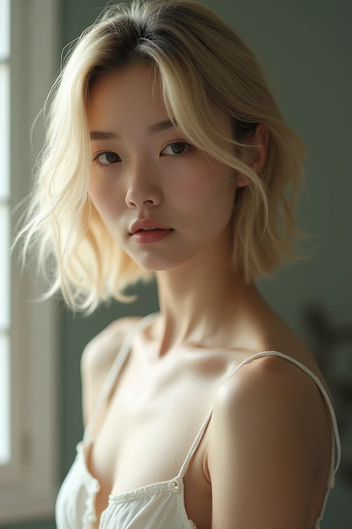 A Korean woman with short, white hair, a beautiful face showing her cleavage, wearing a casual outfit. The style of the picture is surreal, pastel tones, mid shot, dramatic lighting.