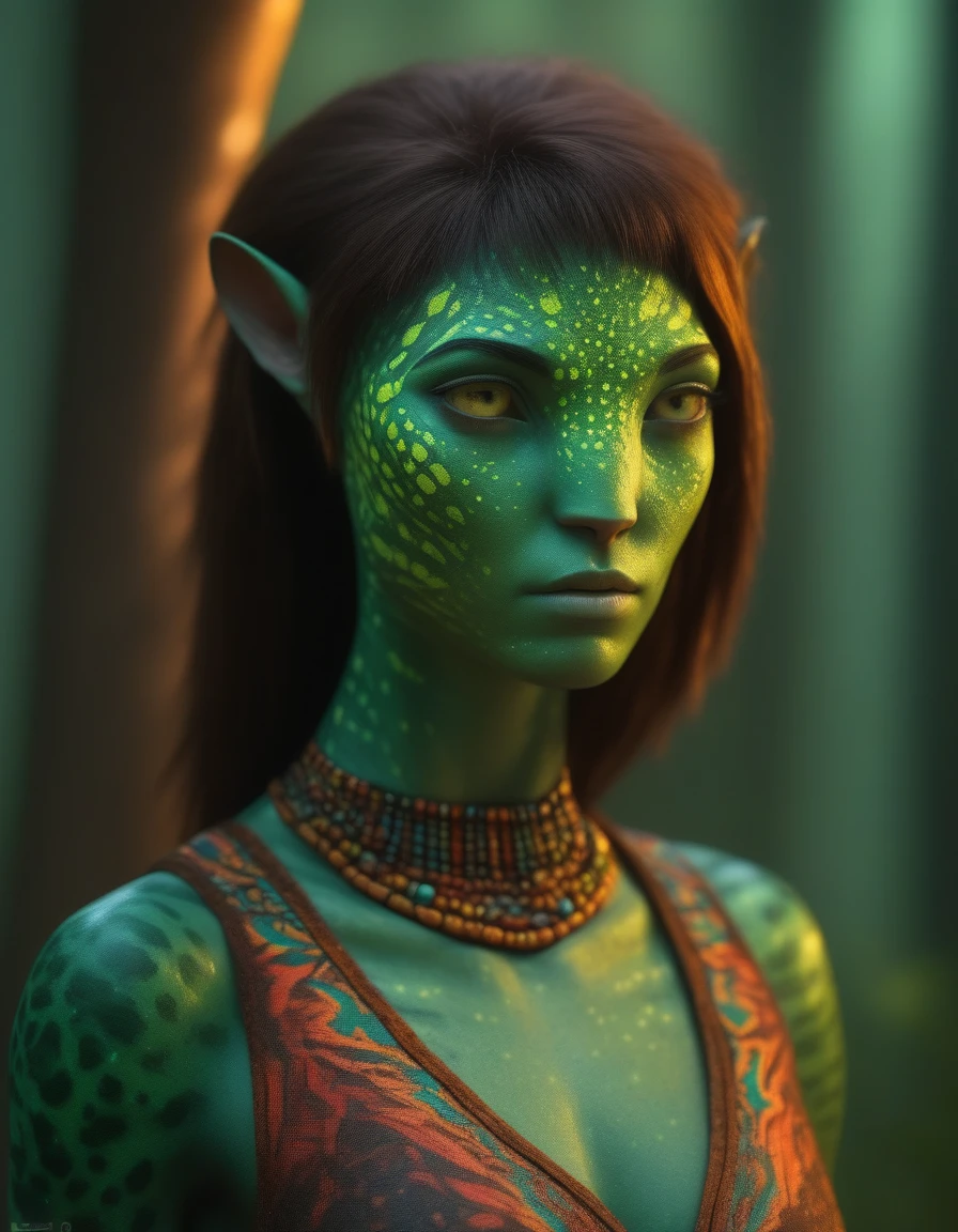 (face portrait), na'vi, 1girl, female, (green eyes), ((big detailed alien eyes)), ((eyebrowless)), ((pointy ears)), (green skin tone), (straight hair), brown hair color, ((short hair)), (young adult), 18 years old, face wrinkles, ((wearing colorful tribal clothing)), (wearing tribal acessories), detailed eyes, ((leopard spots all over skin)), toned body, muscled body, vibrant colors, glowing, ethereal atmosphere, surrealistic dreamy lighting, textured skin, otherworldly beauty, mesmerizing photography, (best quality, highres), vivid colors, ultrarealistic, skin details, sfw, face close-up,ultradetailed body, (forest green skin), dark background