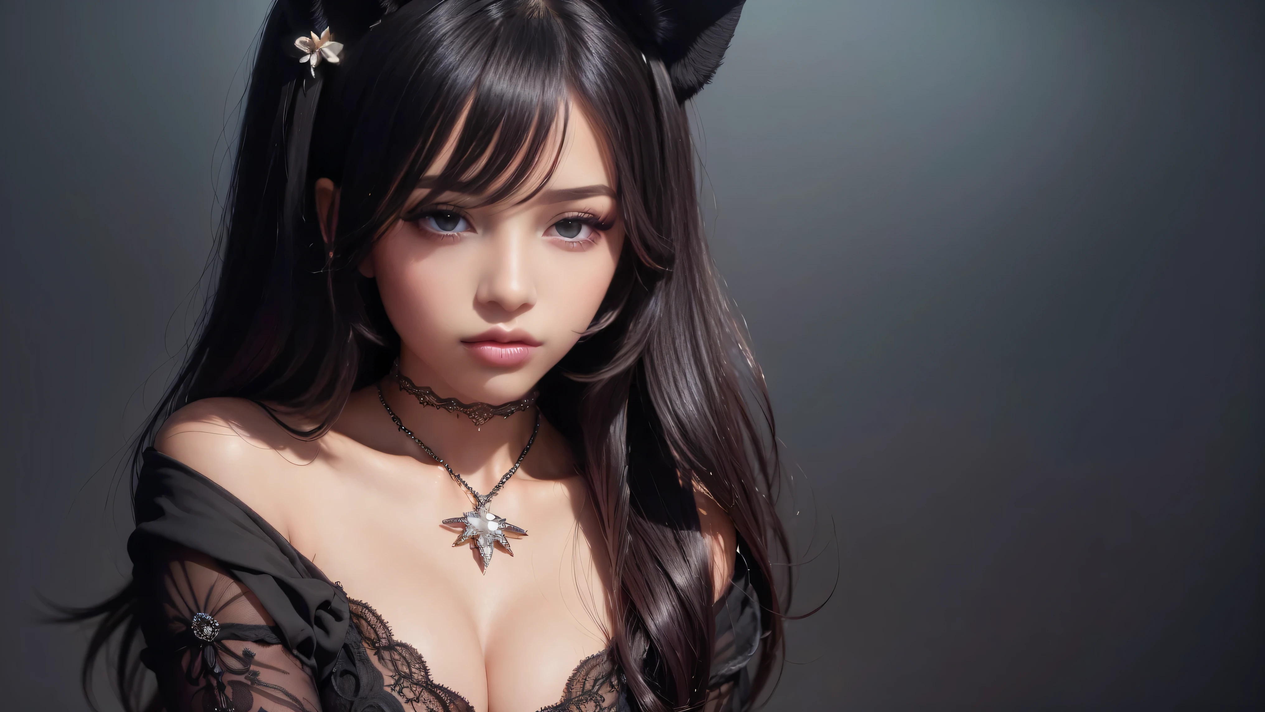 Cowboy shot, A beautiful girl with long black hair, wearing black bunny ears, striking a playful pose, serene expression, detailed facial features, beautiful lips, delicate skin, soft lighting, cinematic composition, atmospheric background, dreamlike, elegant, highly detailed, photorealistic, 8K, best quality