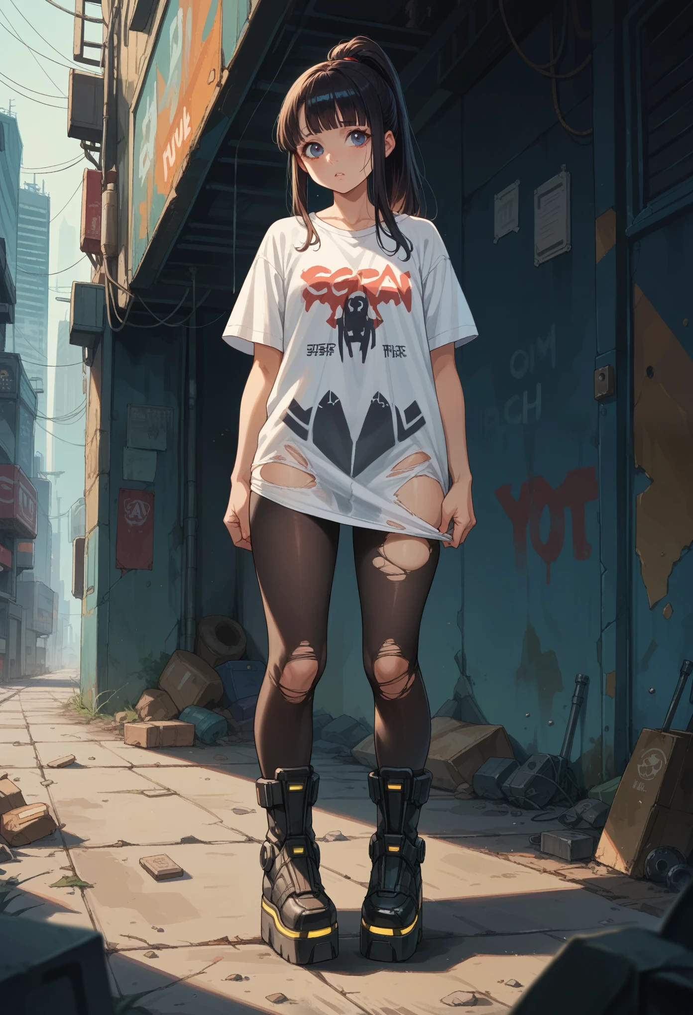 Длинная куртка **** girl mechanic , big hips,  full body , naked,  with a hood, Transparent long T-shirt,  huge high-platform mechanical boots,, torn tights, Cyberpunk, post apocalypse, Night, black long hair in a ponytail , 