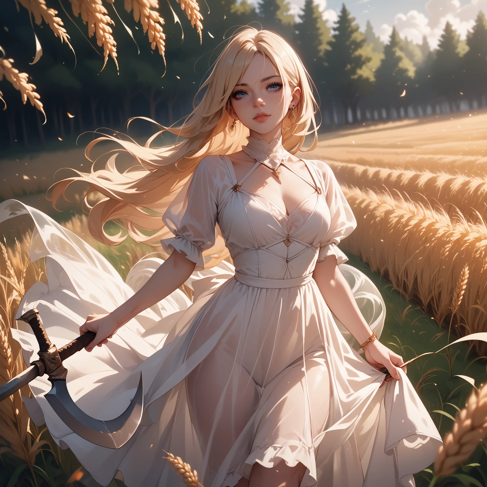 a ghostly see-through ethereal figure in a flowing white dress, with long blonde hair, piercing blue eyes, holding a reaper sickle, standing in a sunny wheat field with orange trees in the background, fall vibes, perfect face
