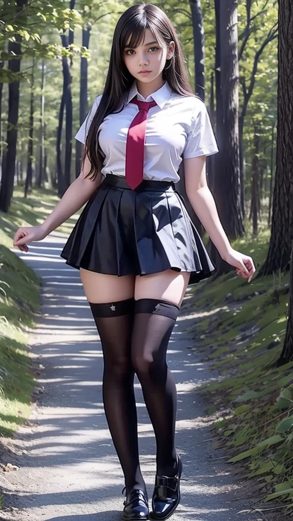 Mean curvy beautiful young schoolgirl ,  beautiful  teen face, short black silk ruffle dkirt  white transparent blouse with short sleeves, red tie, brunet long hair,  beautiful eyes, stockings,  sneackers, girl - standing in the wood, photorealistic , sad face, perfect legs, full size figure, short black silk ruffle skirt, perfect  legs,  perfect figure