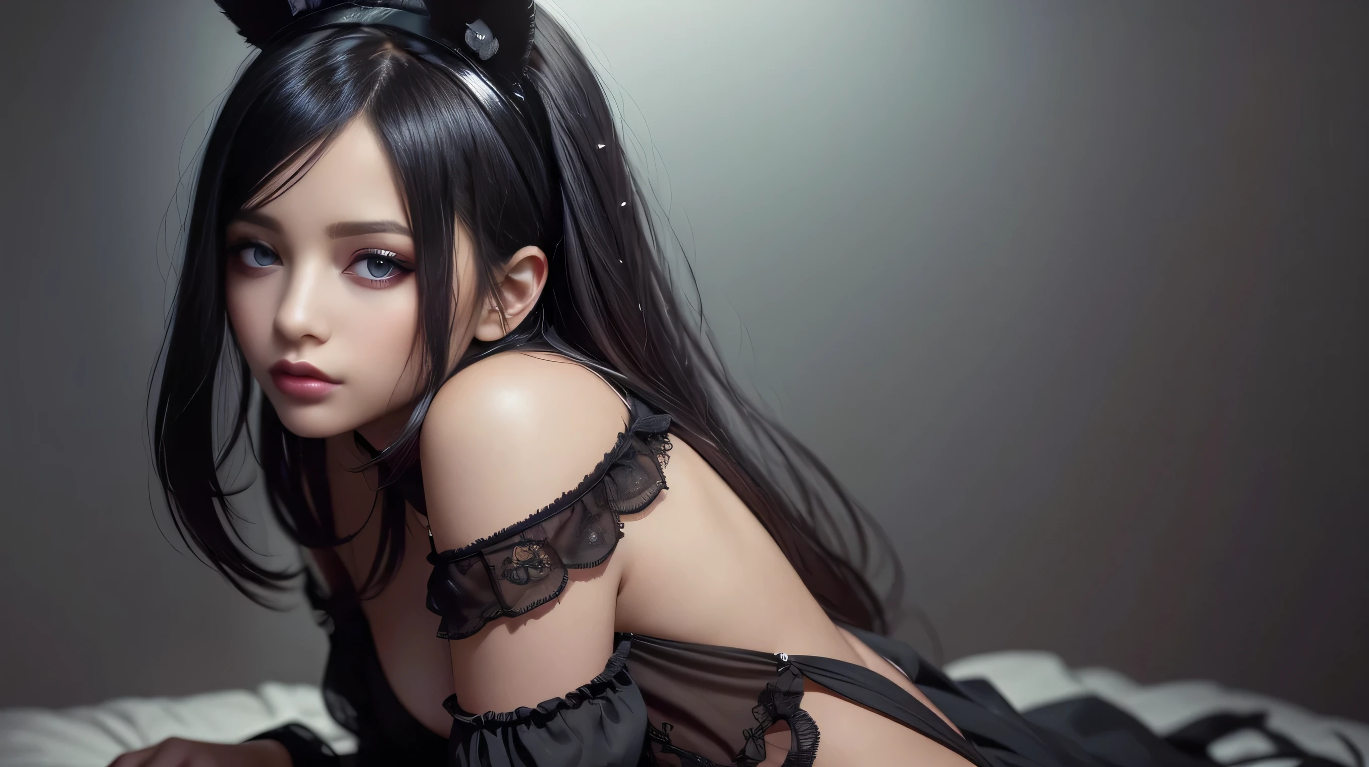 Cowboy shot, A beautiful girl with long black hair, wearing black bunny ears, striking a playful pose, serene expression, detailed facial features, beautiful lips, delicate skin, soft lighting, cinematic composition, atmospheric background, dreamlike, elegant, highly detailed, photorealistic, 8K, best quality, gothic bedroom background,