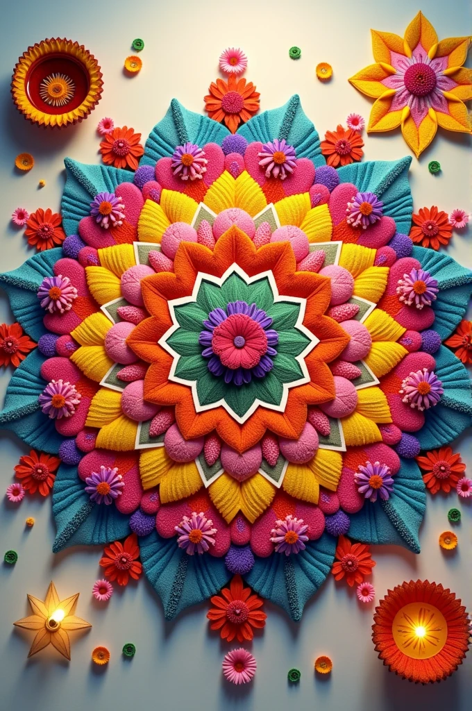 Rangoli design using both flowers and colours 