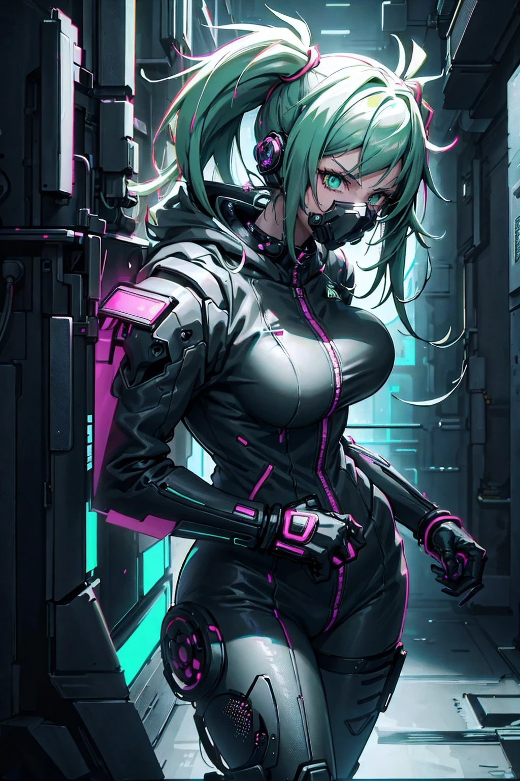  a close up of a person wearing a green jacket and a neon green mask, girl anime cyberpunk in hoodie, anime style 4 k, anime style. 8K, girl anime cyberpunk, realistic anime art style , anime rude 8K, cyberpunk anime art, anime style, cyberpunk digital anime art , in the style of Guweiz , modern anime style, Surprising face portrait of anime,venus body, huge breasts
