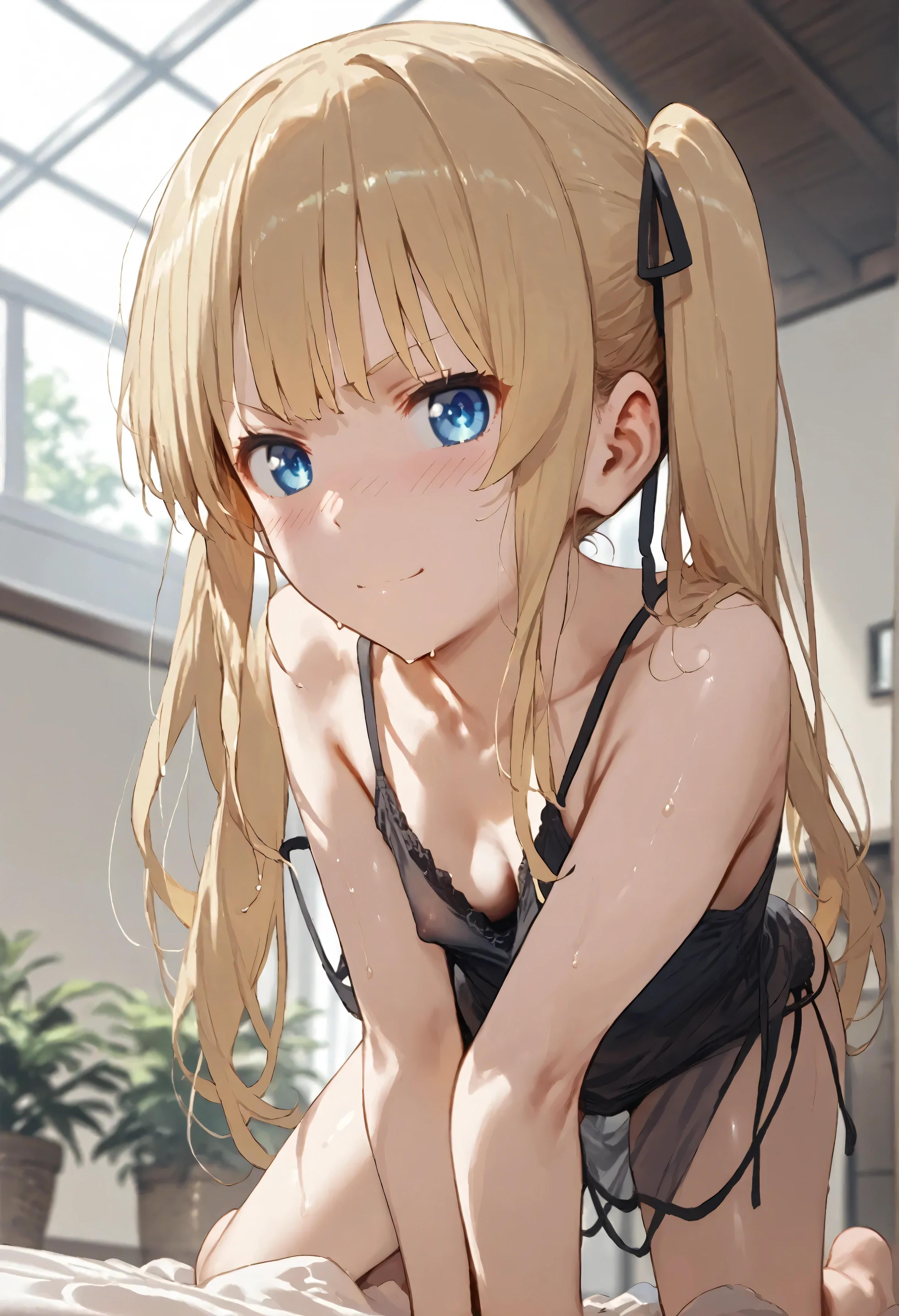 (score_9, score_8_up,score_7_up,source_anime,anime),solo focus,1girl,Eriri blonde hair,blue eyes,sawamura spencer eriri,long hair,small breasts,
,smirk ,twintails, looking at viewer, blush,cleavage, solo focus, all fours, ceiling, thighs, blurry background, camisole, wet, covered nipples, straddling, black camisole,flat breasts,