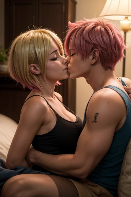 "Natsu Dragneel and Lucy Heartfilia, couple kissing in front of a lamp, in a dark room, Lucy Heartfilia kissing Natsu Dragneel, 8k)), eyes closed, BREAK, ((Lucy Heartfilia long blonde hair)). BREAK, (( satouNatsu Dragneel short pink hair)) remarkable art, 8k, professional digital art, photorealistic anime".