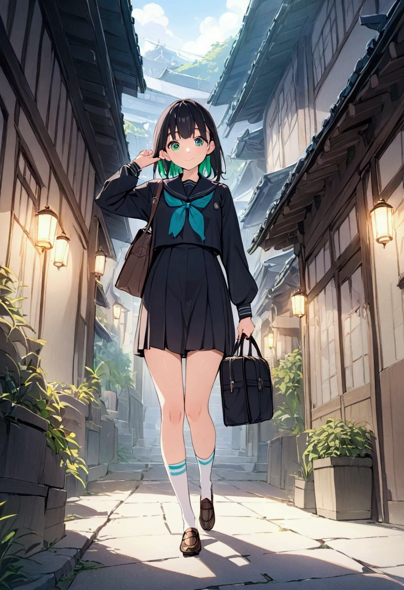 Best Quality、8k、masterpiece:1.3、   Japanese Anime Style  、Human Girl、1 person、1 person、 smaller、 glamorous body 、curve、cute、smile、  In sockeld   、   beautiful emerald green eyes  、black winter sailor suit  、  white socks and loafers  、   walks with a student bag in her right hand、 Japanese Landscape、School route、