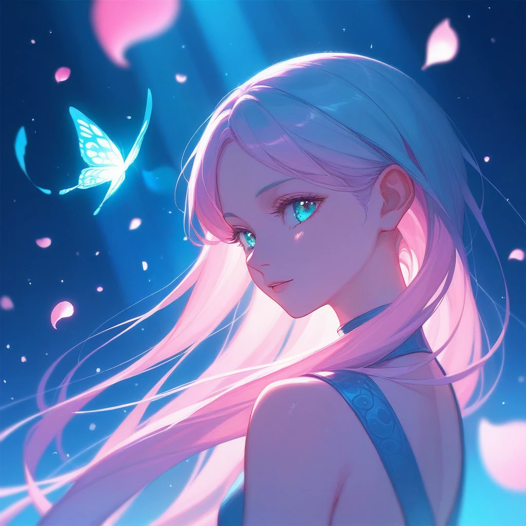 score_9, score_8_up, score_7_up, score_6_up, source_anime, (anime), solo focus, ((portrait of a mystical girl)), upper body, in a dreamlike forest, delicate expression, flowing hair, (floating feathers:1.2), luminous blue butterflies surrounding, glowing scenery, (glowing petals:1.3), enchanted ambiance, misty lighting, (aqua and pink hue:1.3), (soft bokeh), (high contrast lighting), deep shadows, magical aura, surreal background, intricate patterns, whimsy and elegance, ethereal