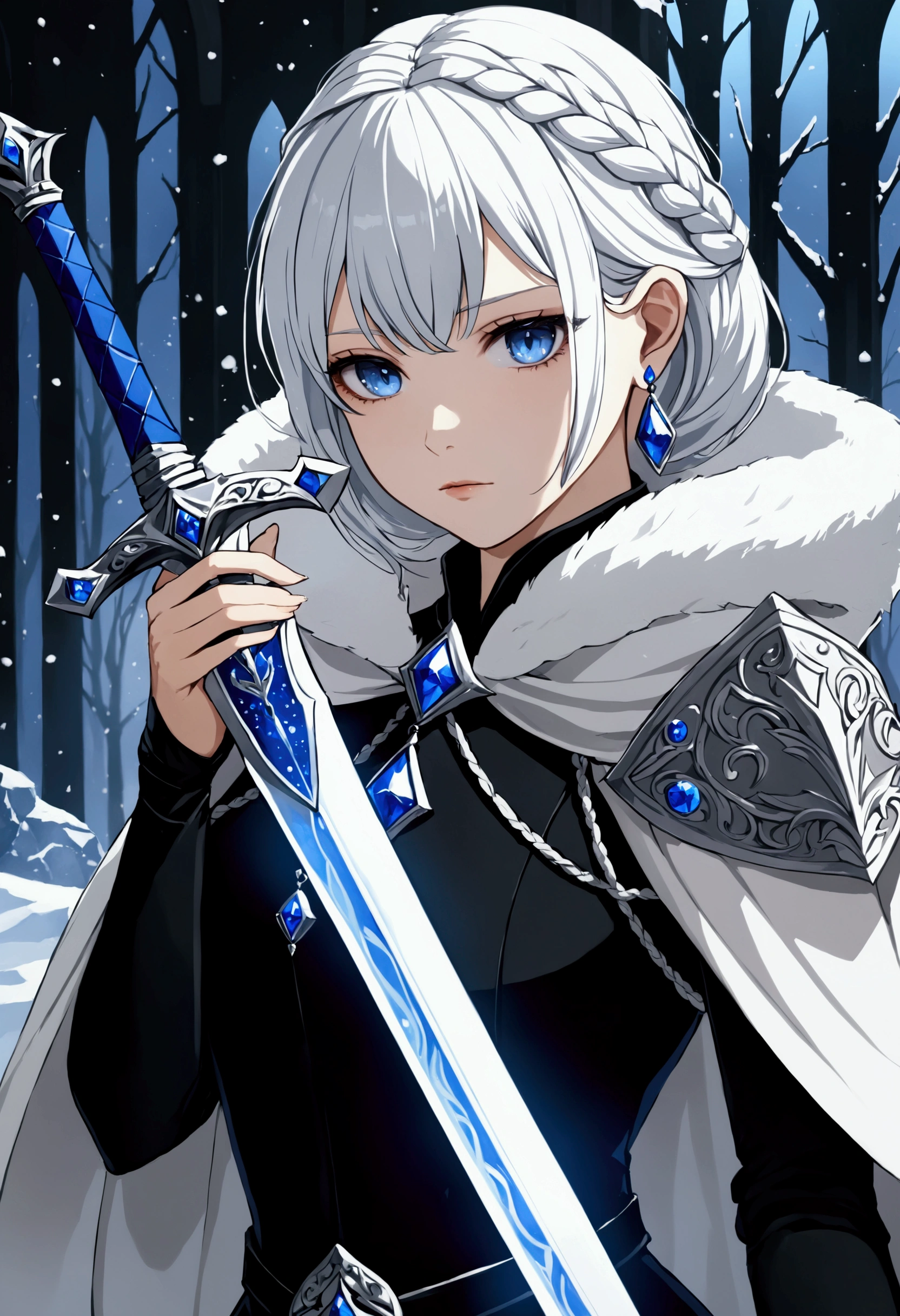 It was medieval, fantasy. Woman with skin as white as snow, short platinum hair with a braid, cold gaze, blue eyes like sapphire, crystal earrings. Black uniform, white cape. Crystal white sword.
