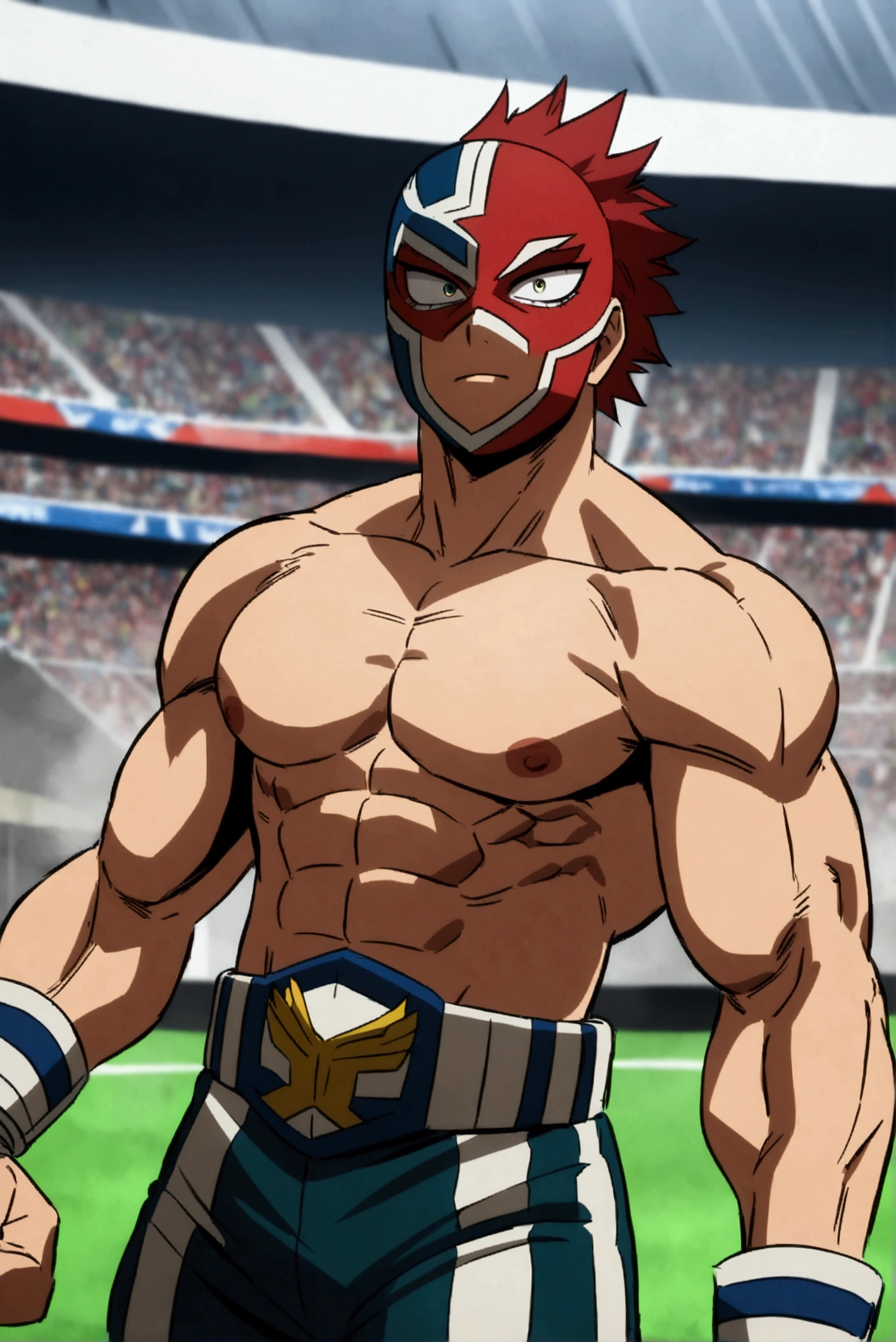 Lucha libre pro hero, red mask, muscular, MHA style, anime style, my hero academia, boku no hero academia, pro hero, shirtless.