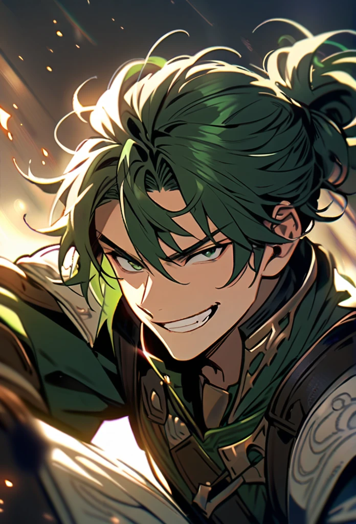 Handsome, solo, 1 boy, 1 male, short hair, dark green hair, dark green eyes, grin, smirk, messy hair, Wavy Hair, ((tied hair)), fantasy combat clothes, uniform noble combat cloth