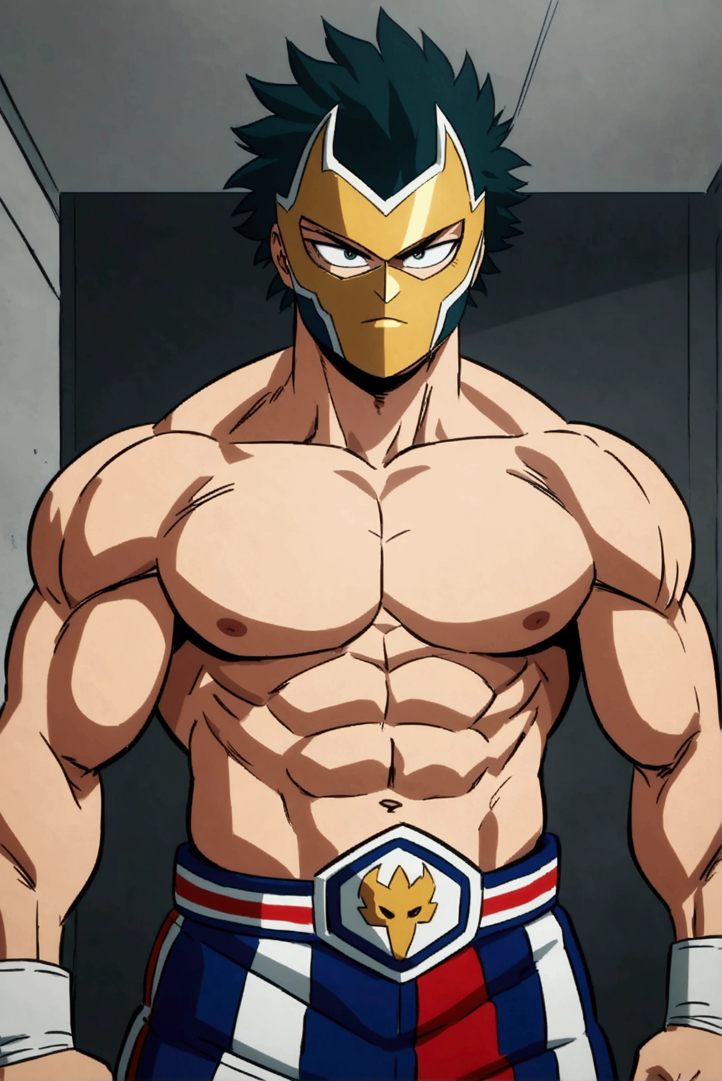 Lucha libre pro hero, golden mask, muscular, MHA style, anime style, my hero academia, boku no hero academia, pro hero, shirtless.