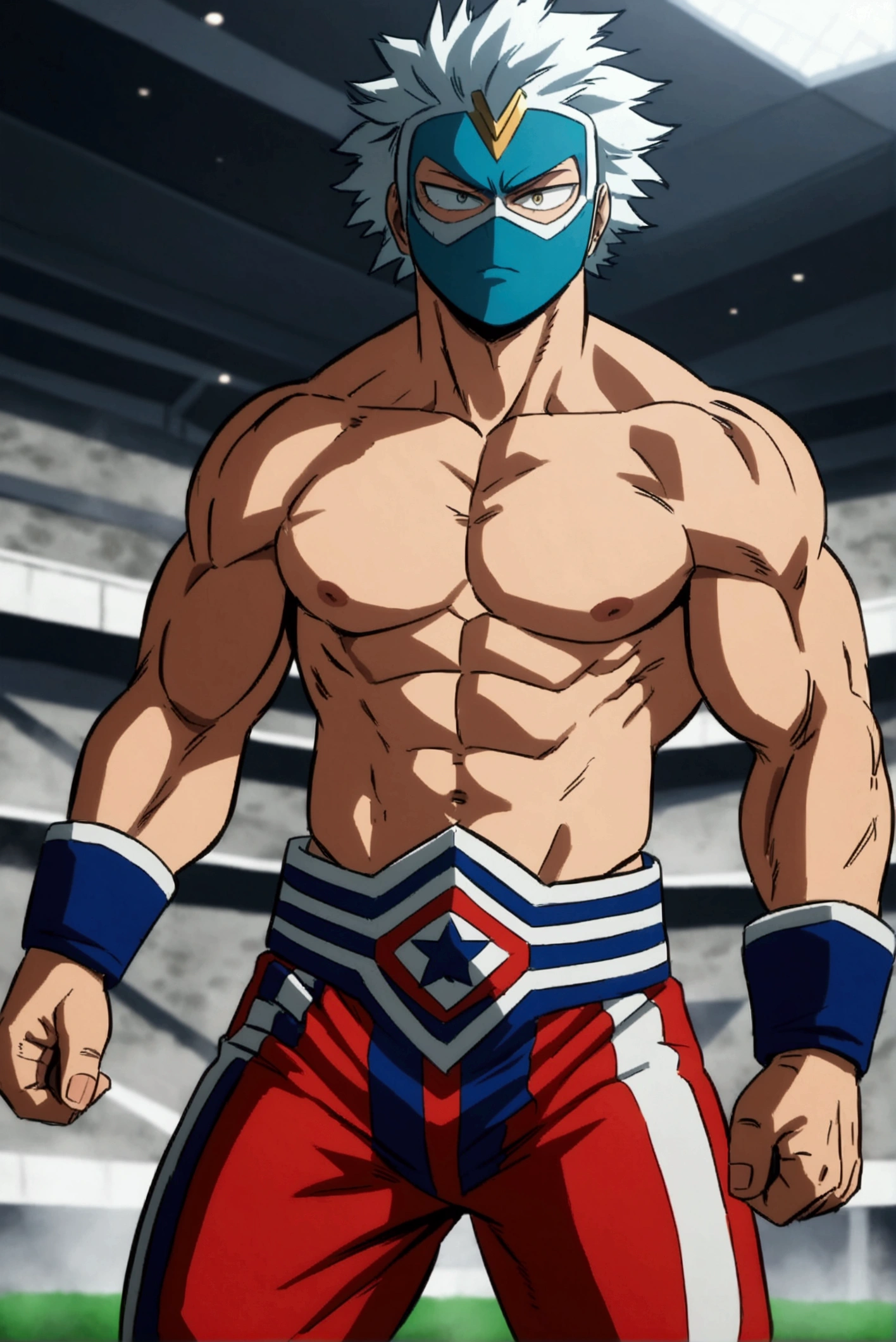 Lucha libre pro hero, blue mask, muscular, MHA style, anime style, my hero academia, boku no hero academia, pro hero, shirtless.