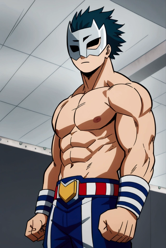 Lucha libre pro hero, silver mask, faceless, muscular, MHA style, anime style, my hero academia, boku no hero academia, pro hero, shirtless.