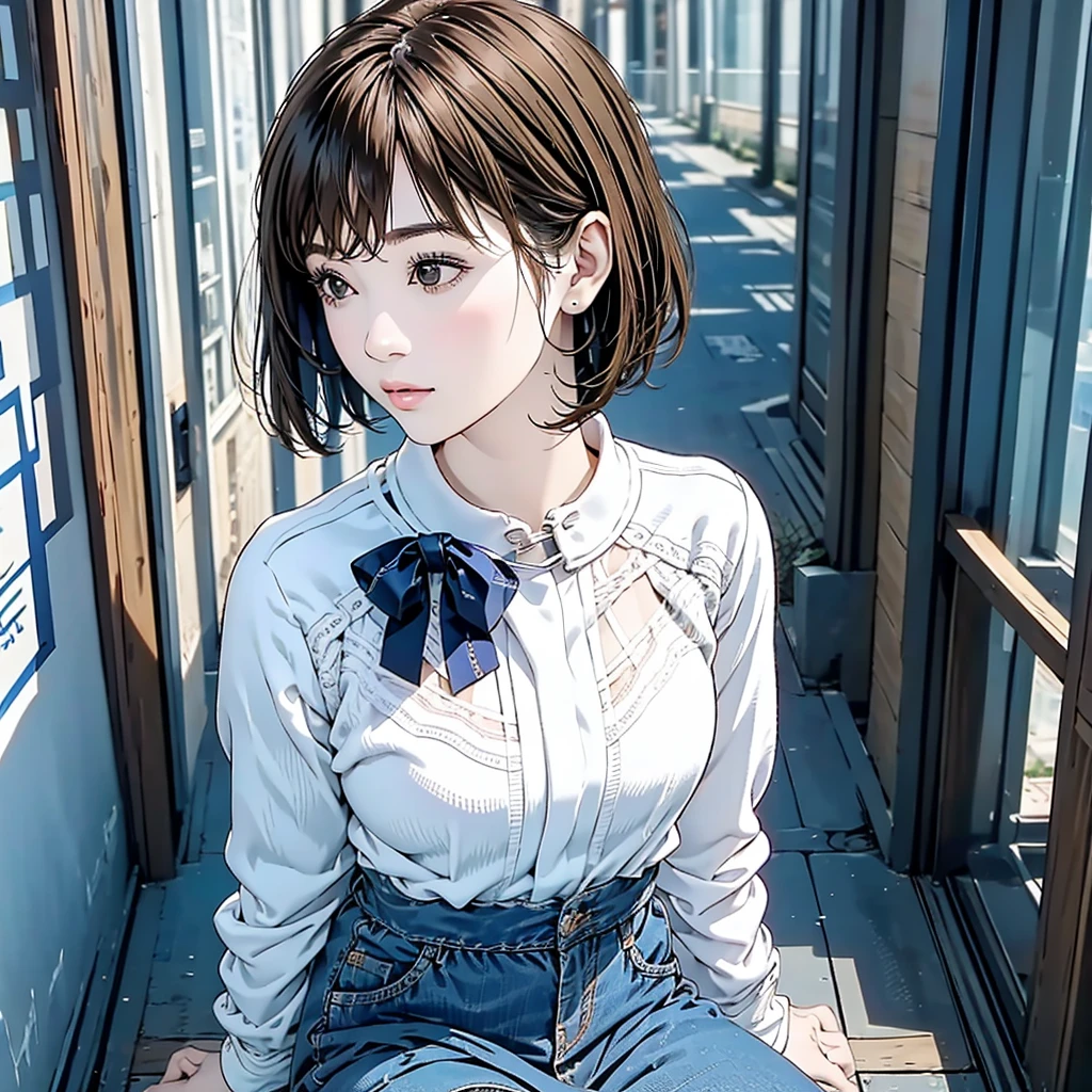 a beautiful woman, she wearing white collared lace tops and long blue skirt, from above, looking away, sitting, hand on chest, detailed upper body, chuckle,  asymmetrical brown bob with one side tucked behind her ear, pale skin, attractive lips, detailed face, (masterpiece, best quality, 8k), hyperrealistic, photorealistic, cinematic lighting, dramatic moody colors, intricate details, blue theme, background is colorful graffiti art on a concrete wall ,shadow, extra details, shallow depth of field, hanako