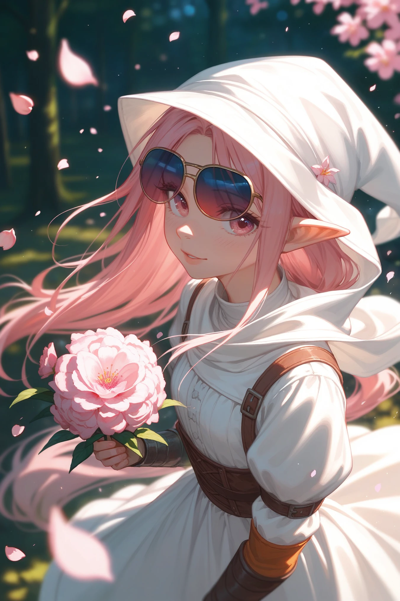 The model is wearing glass sunglasses with stars and the mscore_9, score_8_up, score_7_up, (masterpiece, UHD, 8K, 16K, ultra detailed), source_anime, sfw, (from above, close up), 1girl, elf, pink eyes, beautiful eyes, long hair, ponytail, pink hair, holding a pink flower, white dress with hood, intricate details, (murmuring flower petals), (wind:1.3), (medieval fantasy), sakura forest background, (depth of field), bokeh, diffused light, dramatic ambient