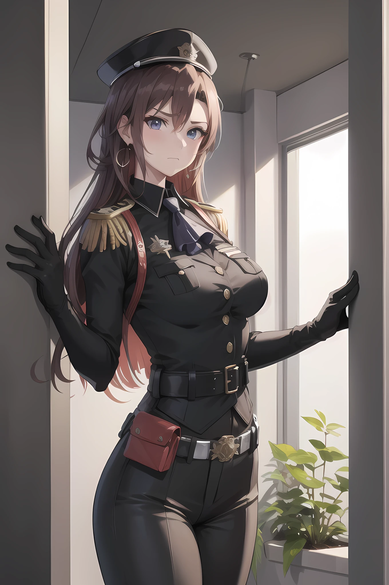 masterpiece, Best Quality, Kampala, Long Hair, ( black peak cap ), earrings with cups, Big Breasts, muscular body flowing through a bowl, uniform, Epaulettes, badge, ( black shirt:1.2), ( bulletproof vest), ascot , black sleeve, long sleeve, ( black pants ), utility belt, (Belt pouch), cargo pants with dowels , (Gloves), cowboy shot of a man, standing, (Serious expression), closed mouth, towards viewers , watching viewers , indoor, Hit the wall to open