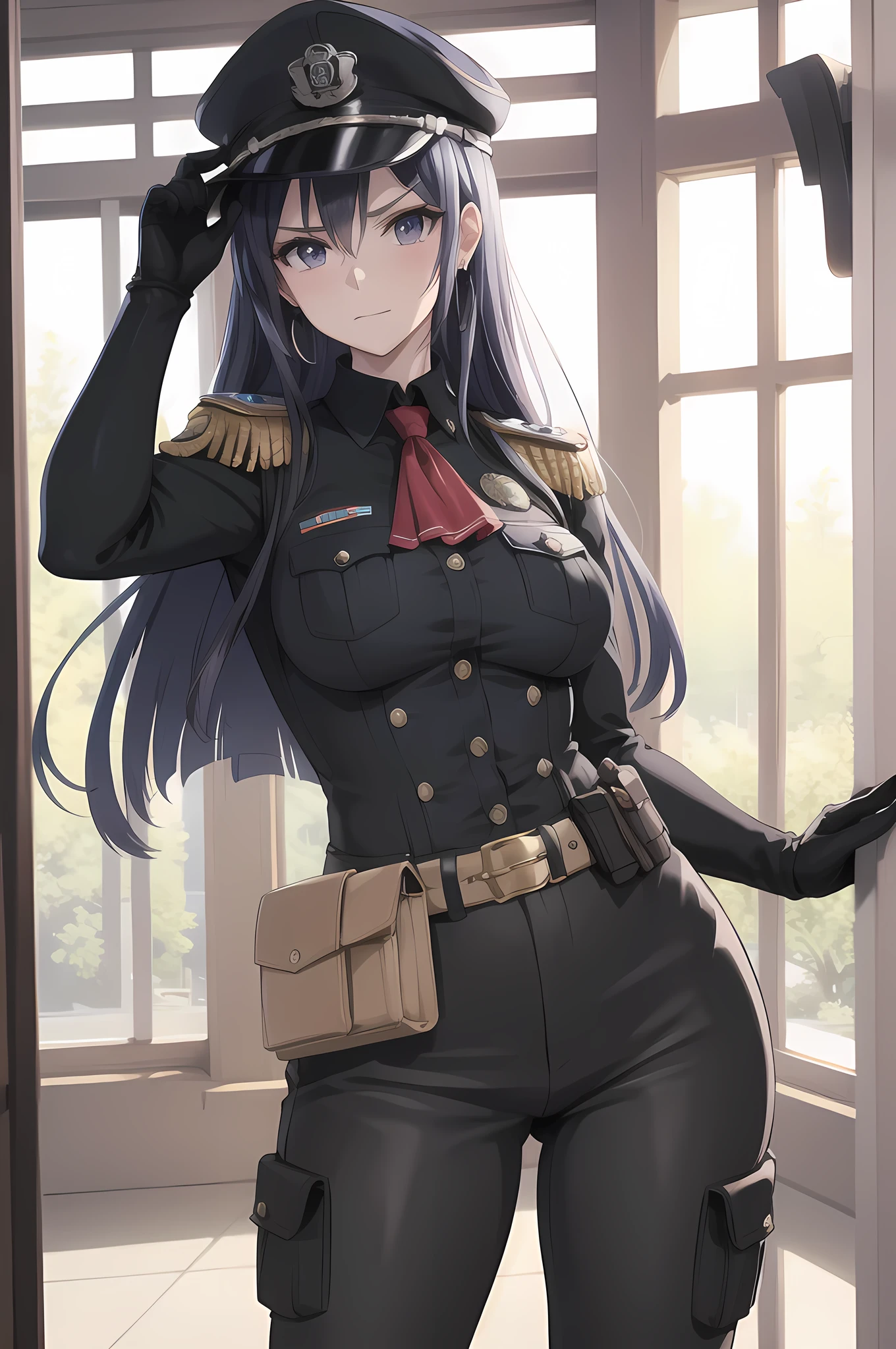 masterpiece, Best Quality, Kampala, Long Hair, ( black peak cap ), earrings with cups, Big Breasts, muscular body flowing through a bowl, uniform, Epaulettes, badge, ( black shirt:1.2), ( bulletproof vest), ascot , black sleeve, long sleeve, ( black pants ), utility belt, (Belt pouch), cargo pants with dowels , (Gloves), cowboy shot of a man, standing, (Serious expression), closed mouth, towards viewers , watching viewers , indoor, Hit the wall to open
