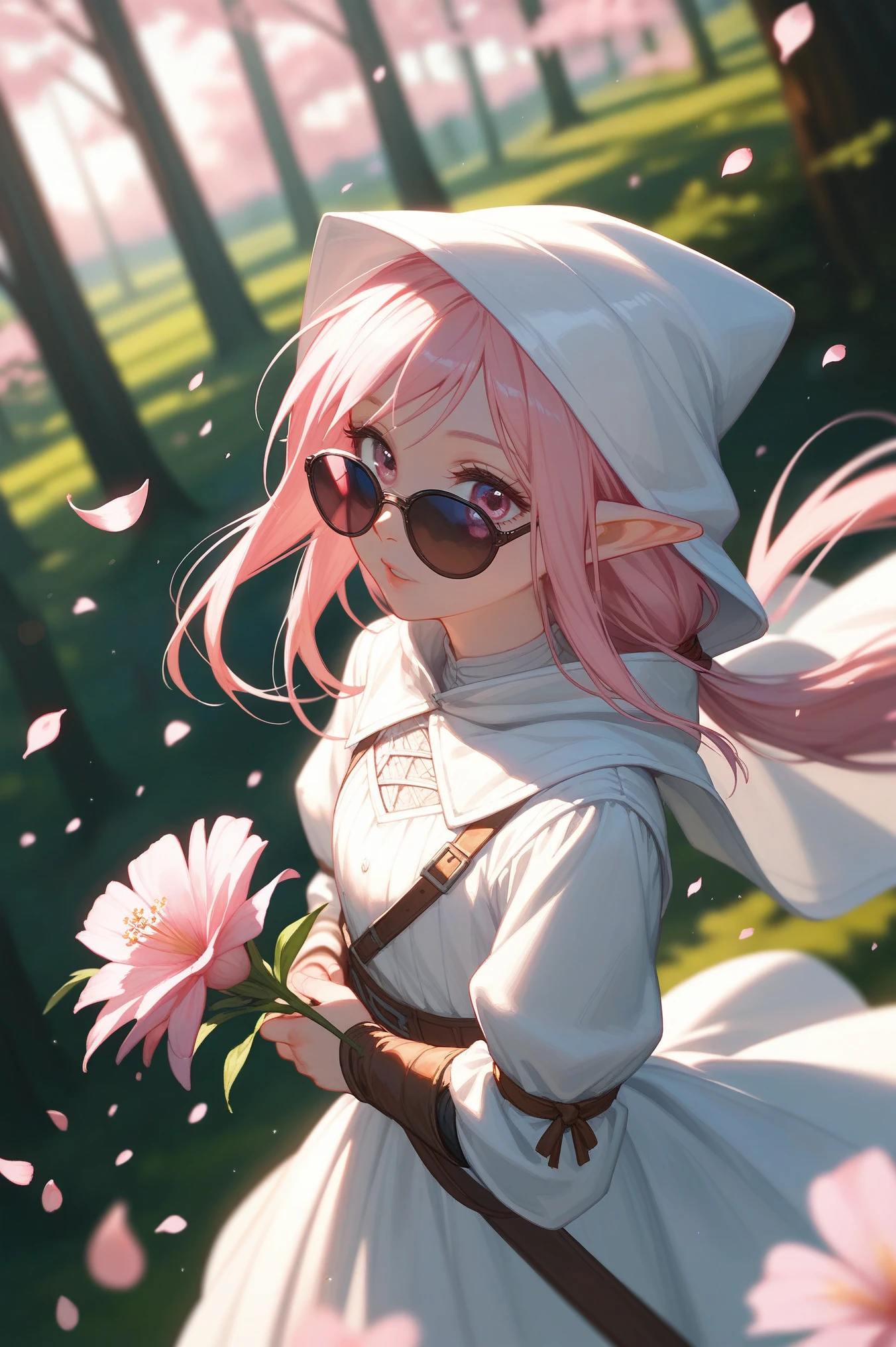 The model is wearing glass sunglasses with stars and the mscore_9, score_8_up, score_7_up, (masterpiece, UHD, 8K, 16K, ultra detailed), source_anime, sfw, (from above, close up), 1girl, elf, pink eyes, beautiful eyes, long hair, ponytail, pink hair, holding a pink flower, white dress with hood, intricate details, (murmuring flower petals), (wind:1.3), (medieval fantasy), sakura forest background, (depth of field), bokeh, diffused light, dramatic ambient