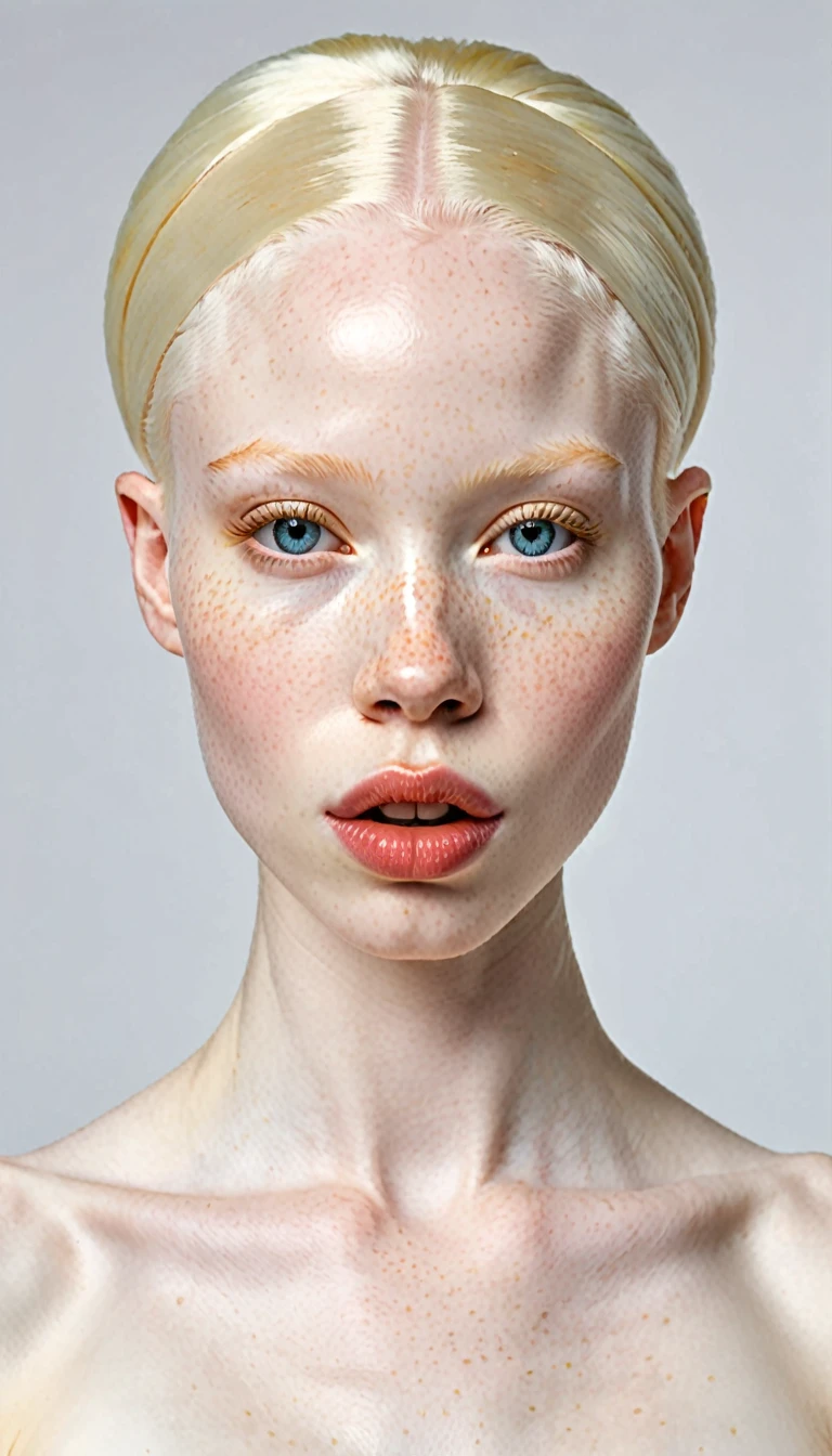 1 extremely beautiful , very albino albinotic African woman . extremely slim, Or, with freckles,  symmetrical body , Full body,  full view sensual ,  sulks her mouth big lips with an expression of orgasm ,  highly exciting , ultra-realistic image, perfect symmetry, lively and clear, dynamic view,  high level of detail and high resolution ,  1200 ppi — photo resolution with greater central realism,  hyperrealistic,  high-resolution cinematic 4K UHD image resolution .