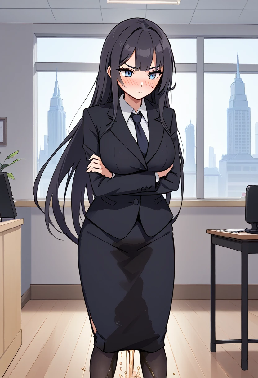 source_anime, score_7_up, 1girl, woman, (wetting self:2.0), desperation, (very long hair:1.5), straight hair, bangs, huge breasts, black hair, blue eyes, (black business suit:1.5), necktie, pencil skirt, pantyhose, (blushing:1.5), aroused, orgasm, smirk, wavy mouth, tears, trembling, (arms crossed:1.5), indoors, office, window, cityscape