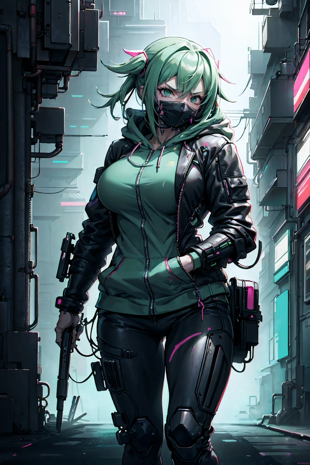  a close up of a person wearing a green jacket and a neon green mask, girl anime cyberpunk in hoodie, anime style 4 k, anime style. 8K, girl anime cyberpunk, realistic anime art style , anime rude 8K, cyberpunk anime art, anime style, cyberpunk digital anime art , in the style of Guweiz , modern anime style, Surprising face portrait of anime,venus body, huge breasts
