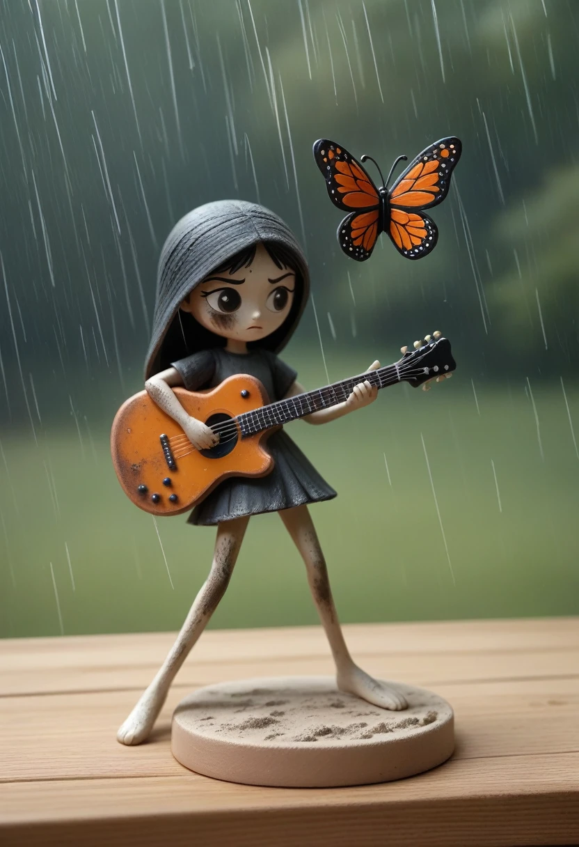 (best quality:1.2),ultra-light Clay, Clay, Pottery,  distressed, dirty, mineral pigments, 3D Clay sculpture art, Clay sculpture, Rough surface, (artwork，A band of tall scarecrows singing in the fields。Holding the microphone，Guitar，Long legs，Interesting concept art,)，Colorful butterflies in the air,Bokeh，Soft and beautiful picture，Rainy Day，dew