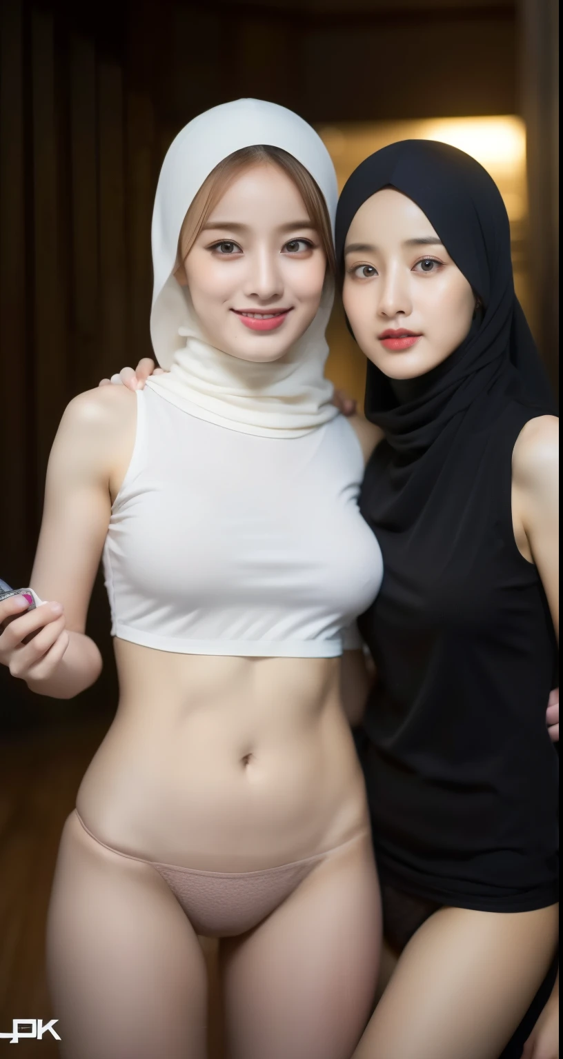 2 girls in hijab, 2 girls in hijab standing taking selfie with front camera, 2girls hijab selfie cose up, slight smile, not wearing pants,underwear no panties, tight clothing, medium breasts, sexy hips, full detailed, beautifull face, beautifull long eyelashes, (best quality,4k,8k,highres,masterpiece:1.2),ultra-detailed,(realistic,photorealistic,photo-realistic:1.37),studio lighting,extreme detail description,professional,vivid colors