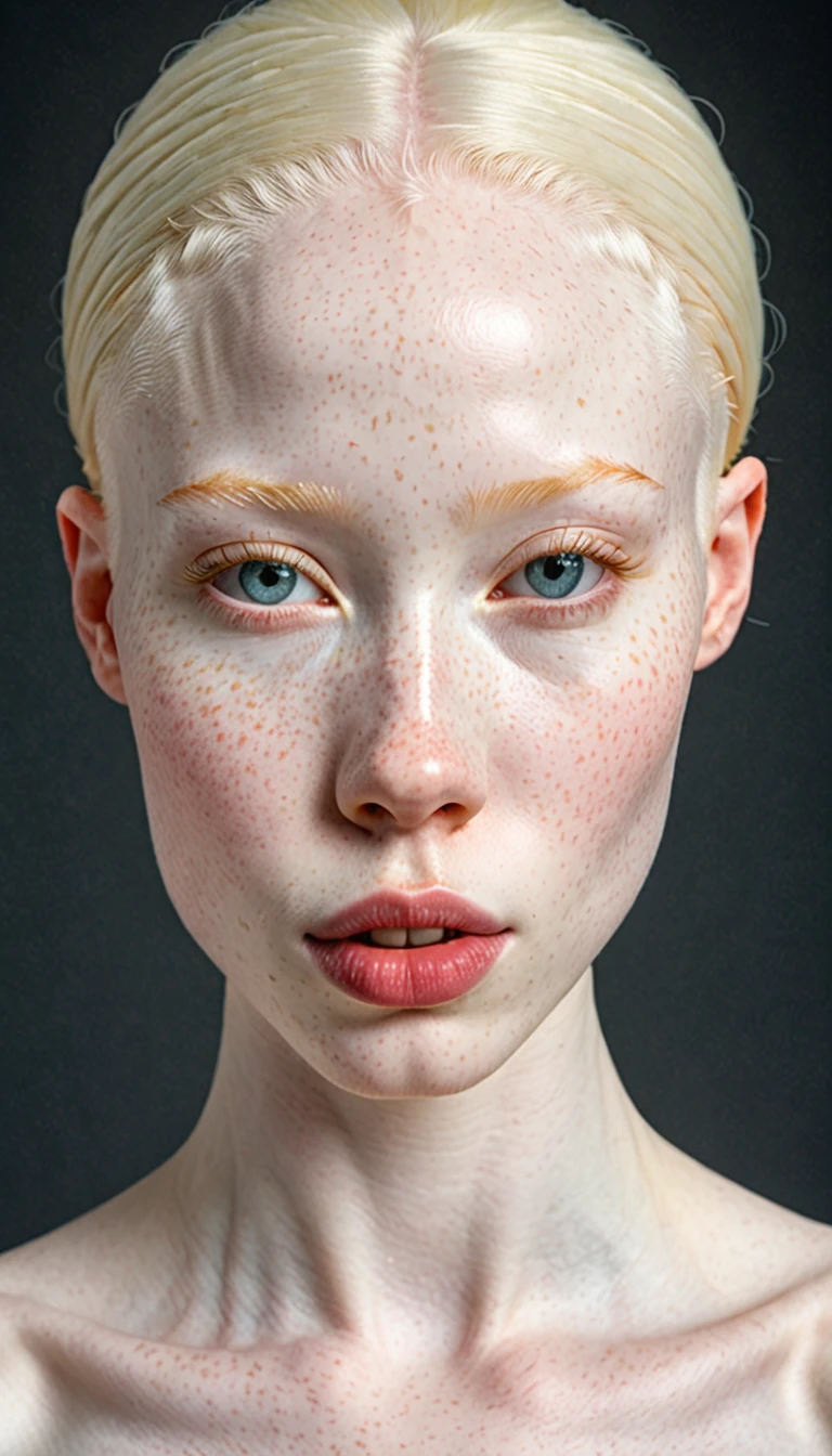 1 extremely beautiful , very albino albinotic African woman . extremely slim, Or, with freckles,  symmetrical body , Full body,  full view sensual ,  sulks her mouth big lips with an expression of orgasm ,  highly exciting , ultra-realistic image, perfect symmetry, lively and clear, dynamic view,  high level of detail and high resolution ,  1200 PPI — photo resolution with greater central realism,  hyperrealistic,  high-resolution cinematic 4K UHD image resolution .