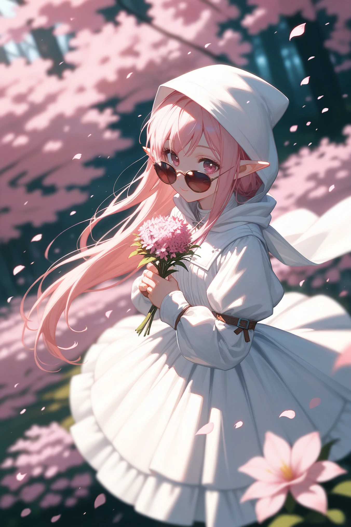 The model is wearing glass sunglasses with stars and the mscore_9, score_8_up, score_7_up, (masterpiece, UHD, 8K, 16K, ultra detailed), source_anime, sfw, (from above, close up), 1girl, elf, pink eyes, beautiful eyes, long hair, ponytail, pink hair, holding a pink flower, white dress with hood, intricate details, (murmuring flower petals), (wind:1.3), (medieval fantasy), sakura forest background, (depth of field), bokeh, diffused light, dramatic ambient