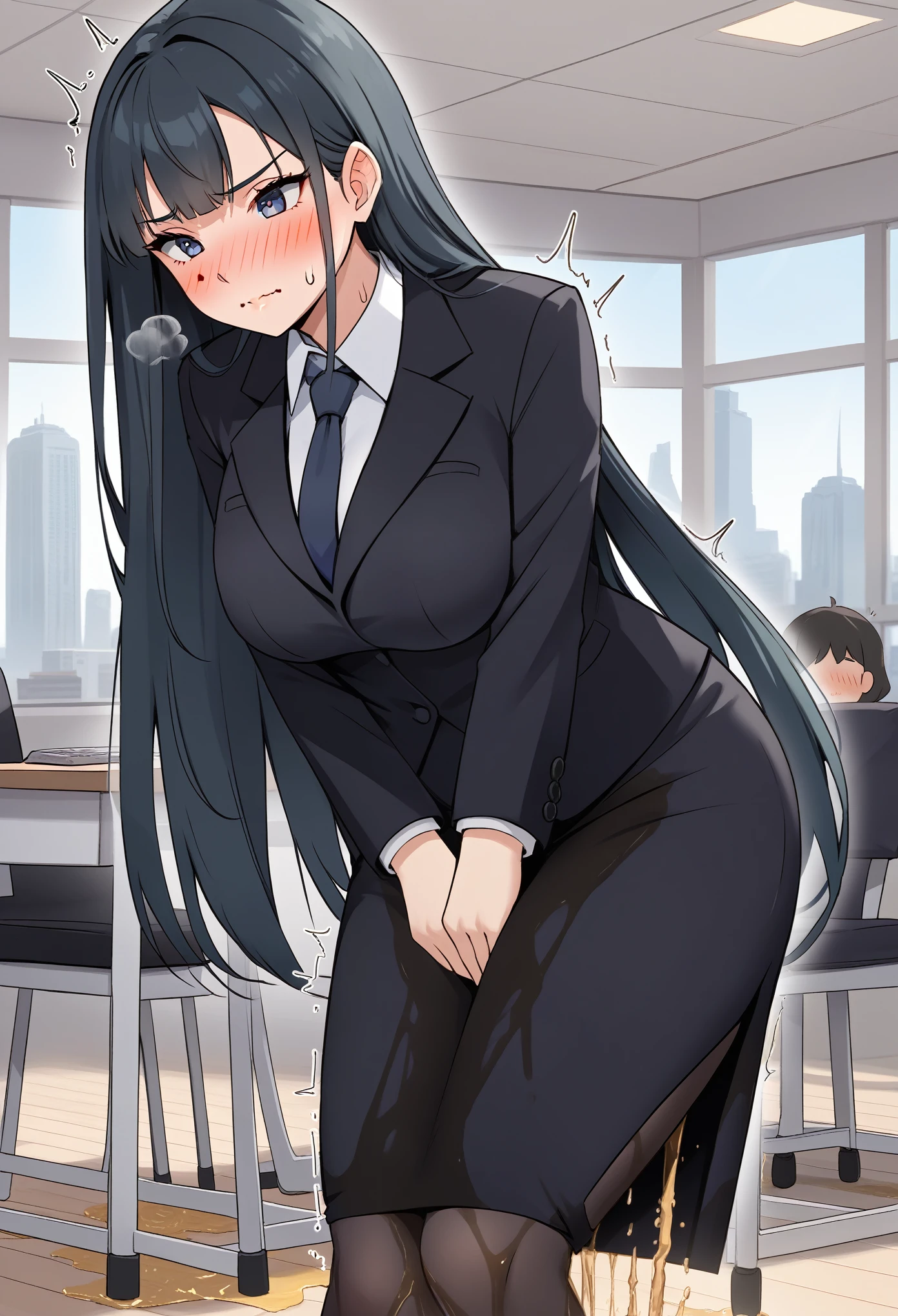 source_anime, score_7_up, 1girl, woman, (wetting self:2.0), desperation, (very long hair:1.5), straight hair, bangs, huge breasts, black hair, blue eyes, (black business suit:1.5), necktie, pencil skirt, pantyhose, (blushing:1.5), aroused, orgasm, smirk, wavy mouth, tears, trembling, (arms crossed:1.5), indoors, office, window, cityscape