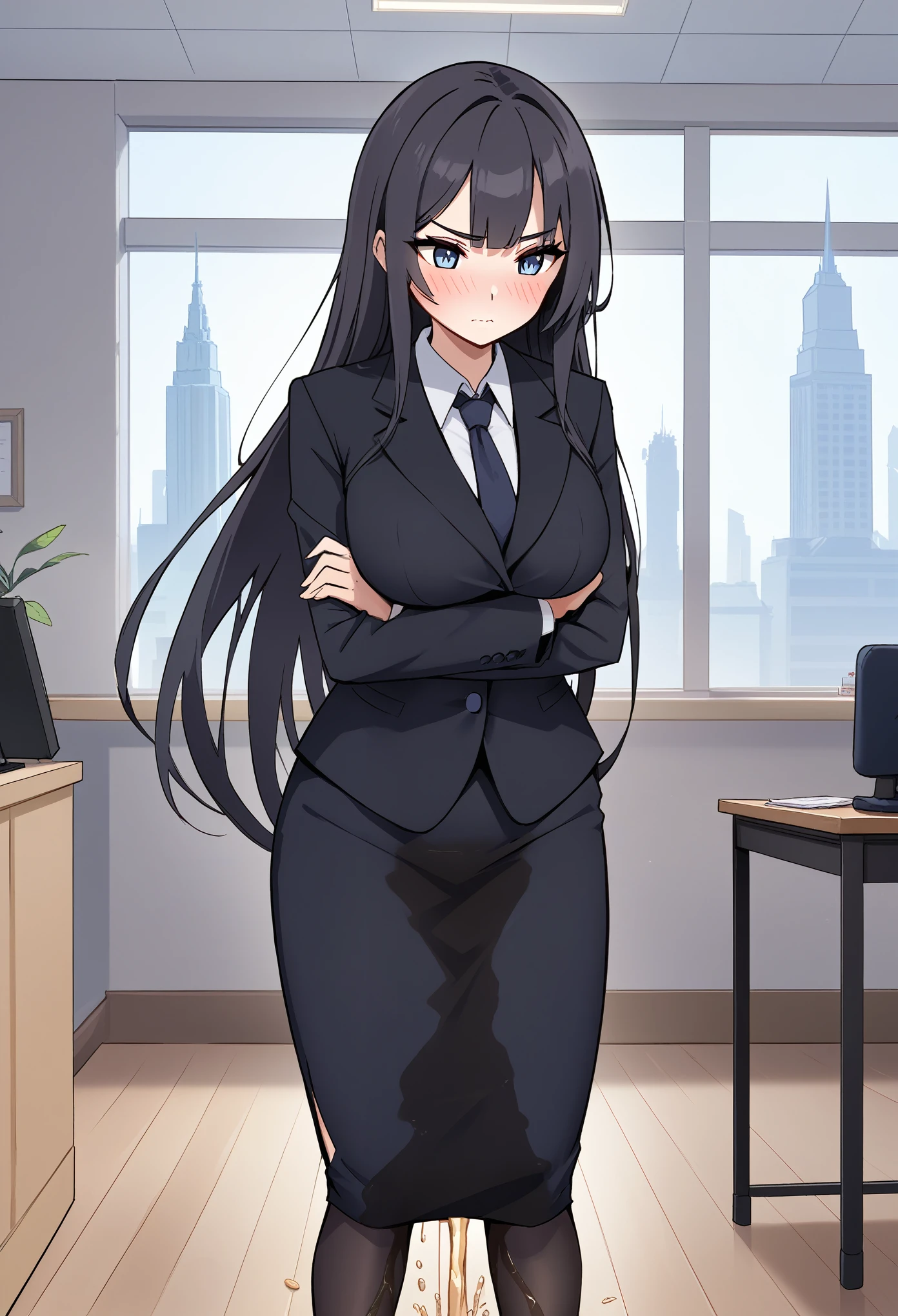 source_anime, score_7_up, 1girl, woman, (wetting self:2.0), desperation, (very long hair:1.5), straight hair, bangs, huge breasts, black hair, blue eyes, (black business suit:1.5), necktie, pencil skirt, pantyhose, (blushing:1.5), aroused, orgasm, smirk, wavy mouth, tears, trembling, (arms crossed:1.5), indoors, office, window, cityscape