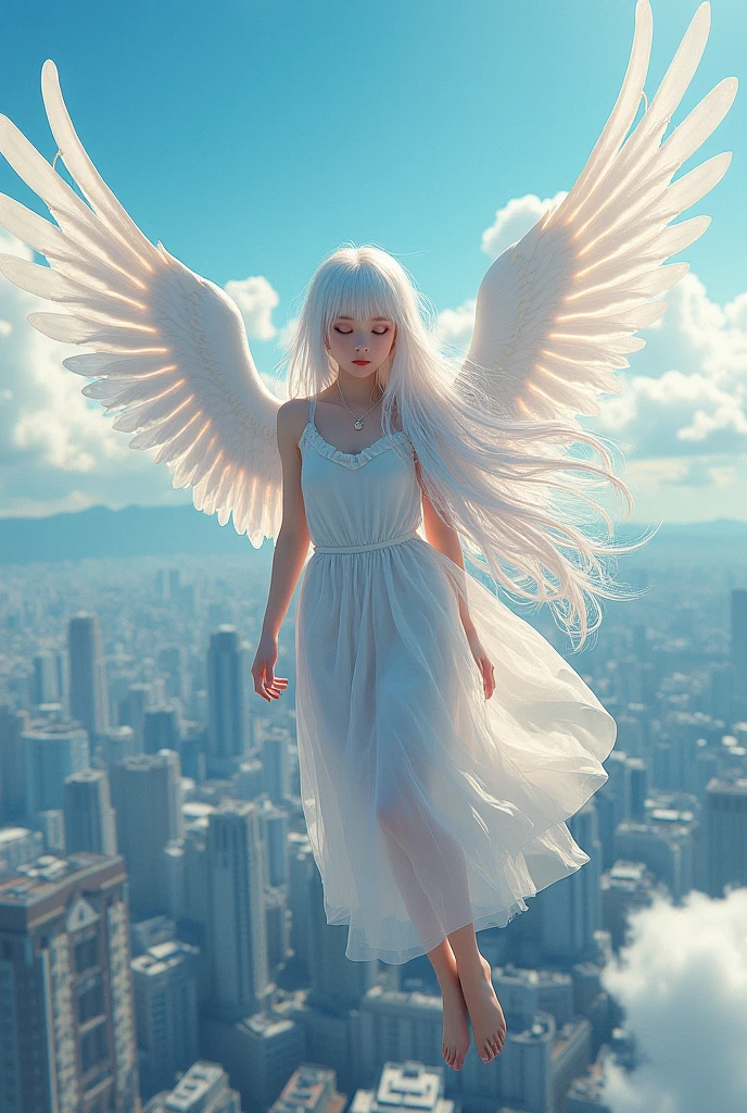  A Long-Haired White Girl Flies Over Tokyo 1000 Years Later,masterpiece,Best Quality, ultra high resolution,(super detailed:1.2),8k, photorealistic , Best aesthetics,beautiful, cute girl, Detailed nostalgia , Intricate Work of Art,  She Has Wings from Her Back , Look at me ,  She's the Sky in a Horizontal Position 