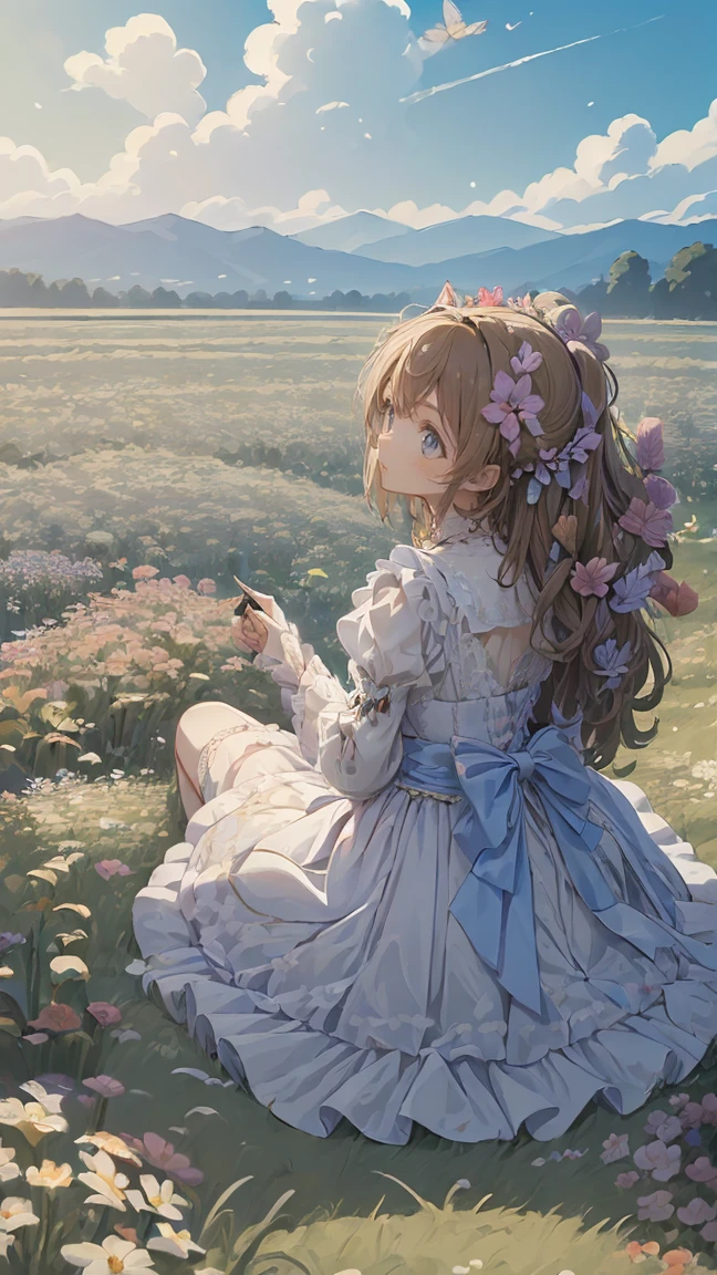 (masterpiece: 1.2), (  very detailed: 1.2), (  very detailed CG: 1.2), ( High image quality : 1.2), (最 High image quality ), 8k,   anime illustration, Girl sitting in a flower field, butterfly with a slightly sad expression々View、((There&#39;Butterflies on my fingers 々))、Butterflies fluttering々dance、Beautiful work
