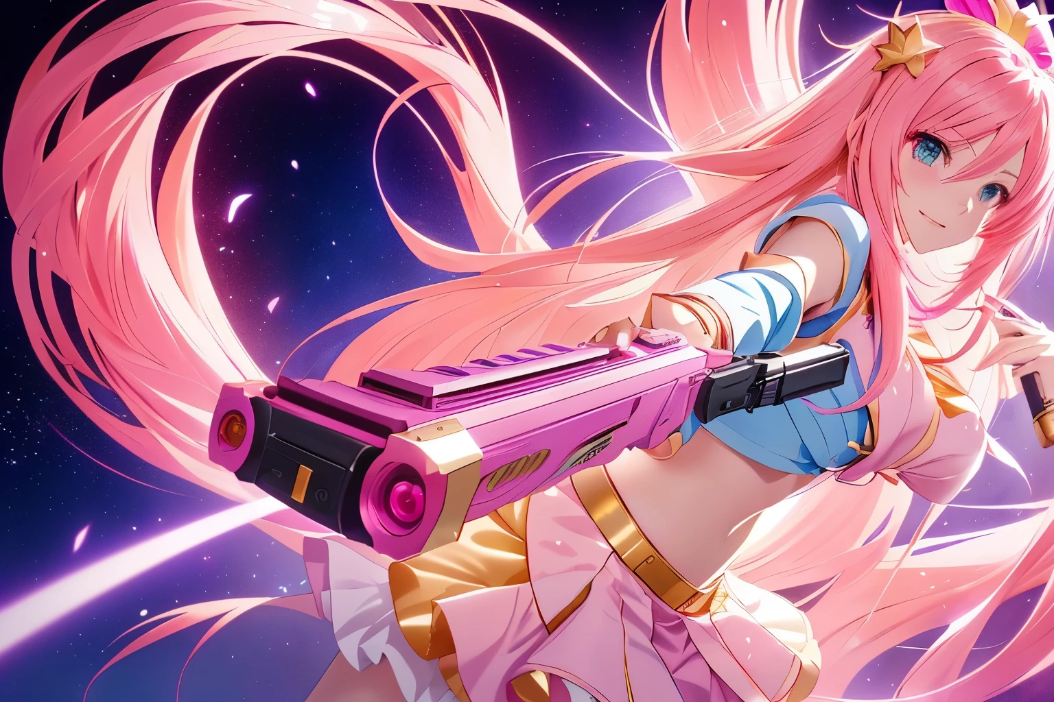 anime girl with pink hair holding a gold camera, in no game no life, maple story gun girl, detailed key anime art, anime shot, with pistol, trigger anime artstyle, female action anime girl, jojo anime style, hq artwork, anime wallaper, vocaloid, anime arts, high quality anime artstyle, high definition anime art, hd artwork