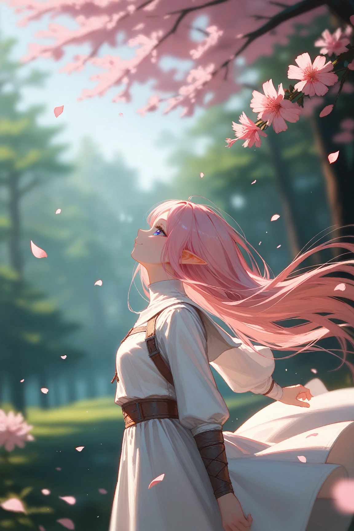 score_9, score_8_up, score_7_up, (masterpiece, UHD, 8K, 16K, ultra detailed), source_anime, sfw, (from below, profile), 1girl, elf girl, pink eyes, beautiful eyes, long hair, ponytail, pink hair, holding a pink flower, white tunic with hood, looking up to the sky, intricate details, (murmuring flower petals), (wind:1.3), (medieval fantasy), sakura forest background, (depth of field), bokeh, diffused light, dramatic ambient