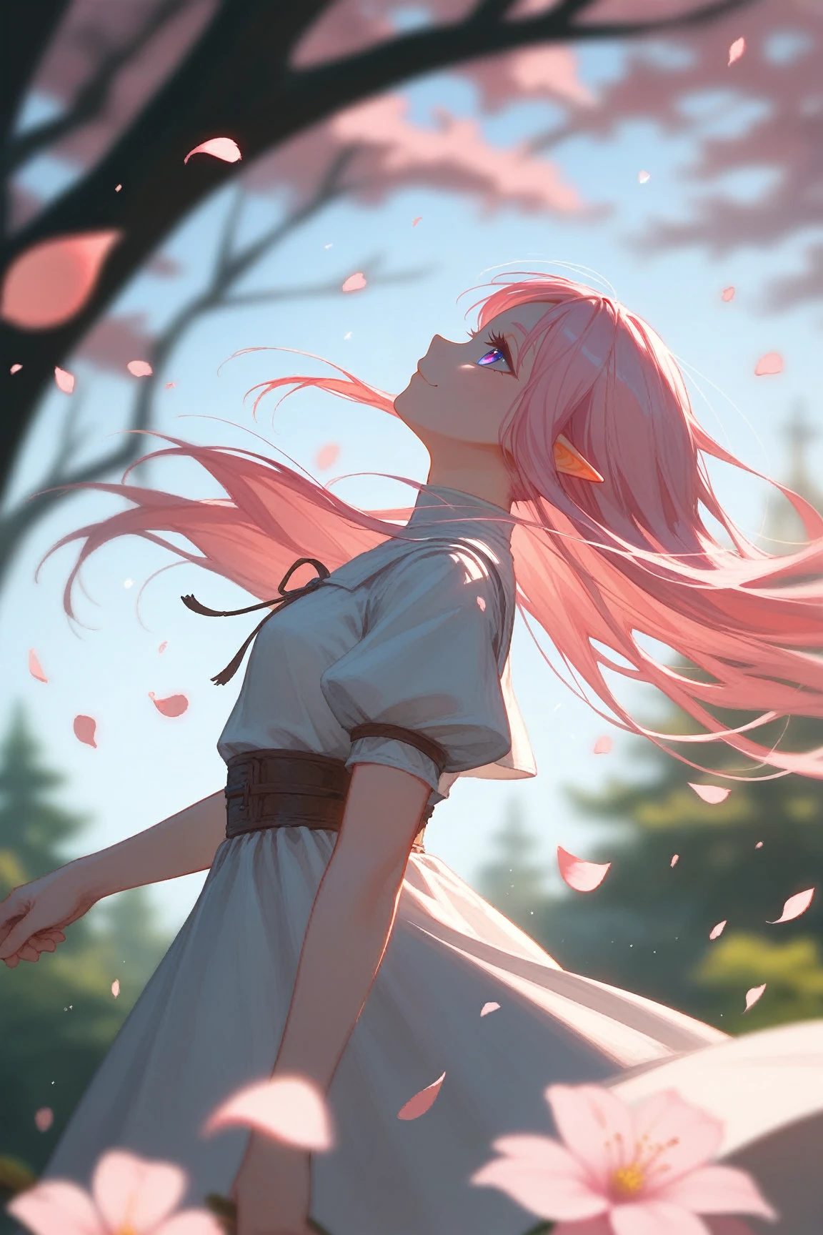 score_9, score_8_up, score_7_up, (masterpiece, UHD, 8K, 16K, ultra detailed), source_anime, sfw, (from below, profile), 1girl, elf girl, pink eyes, beautiful eyes, long hair, ponytail, pink hair, holding a pink flower, white tunic with hood, looking up to the sky, intricate details, (murmuring flower petals), (wind:1.3), (medieval fantasy), sakura forest background, (depth of field), bokeh, diffused light, dramatic ambient