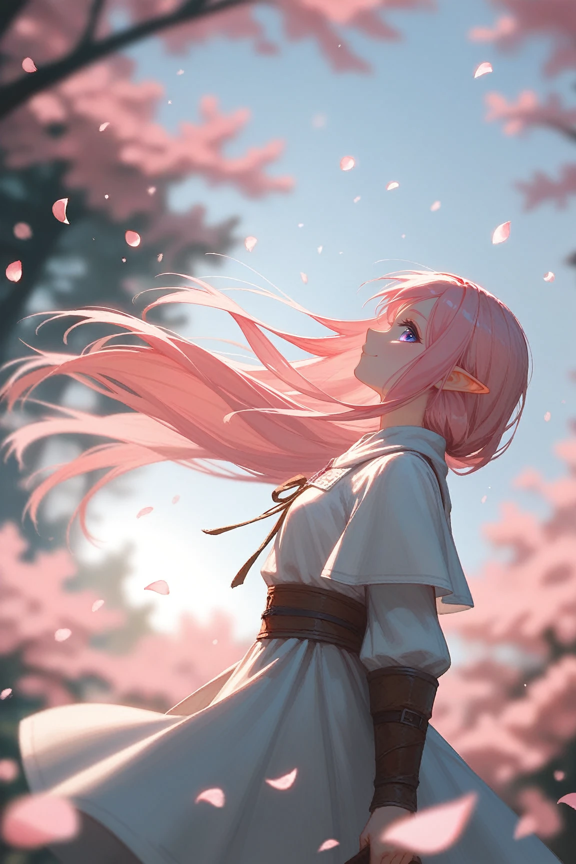 score_9, score_8_up, score_7_up, (masterpiece, UHD, 8K, 16K, ultra detailed), source_anime, sfw, (from below, profile), 1girl, elf girl, pink eyes, beautiful eyes, long hair, ponytail, pink hair, holding a pink flower, white tunic with hood, looking up to the sky, intricate details, (murmuring flower petals), (wind:1.3), (medieval fantasy), sakura forest background, (depth of field), bokeh, diffused light, dramatic ambient