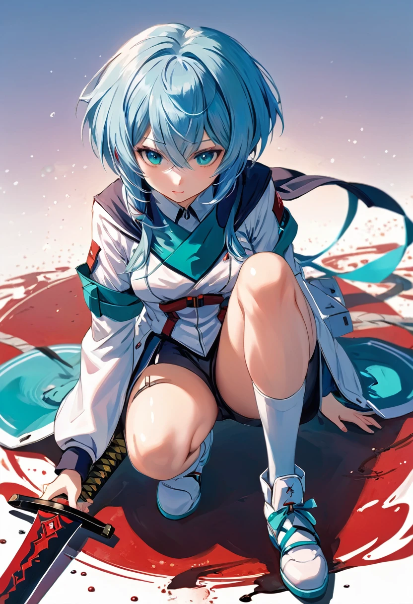 anime girl with blue hair and a sword in her hand, beautiful anime girl squatting, rogue anime girl ayanami rei, seductive anime girl, kantai collection style, top rated on pixiv, white cyan, anime goddess, rei ayanami, hatsune miku in warhammer 40k, tensei shitara slime datta ken, female action anime girl
