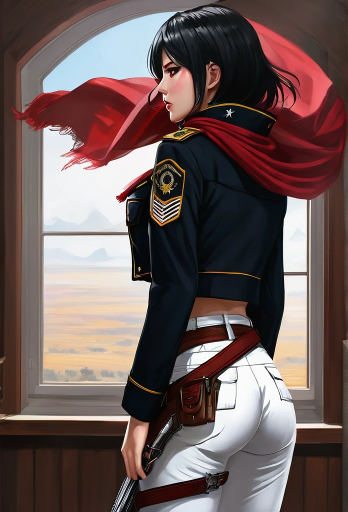 Woman ,solo, looking at viewer, short hair, black hair, long sleeves, hair between eyes, closed mouth, standing, jacket, weapon, ass, cowboy shot, belt, looking back, pants, indoors, from behind, scarf, black eyes, lips, window, thigh strap, red scarf, realistic, white pants, nose, emblem, paradis military uniform, pantylines, mikasa ackerman