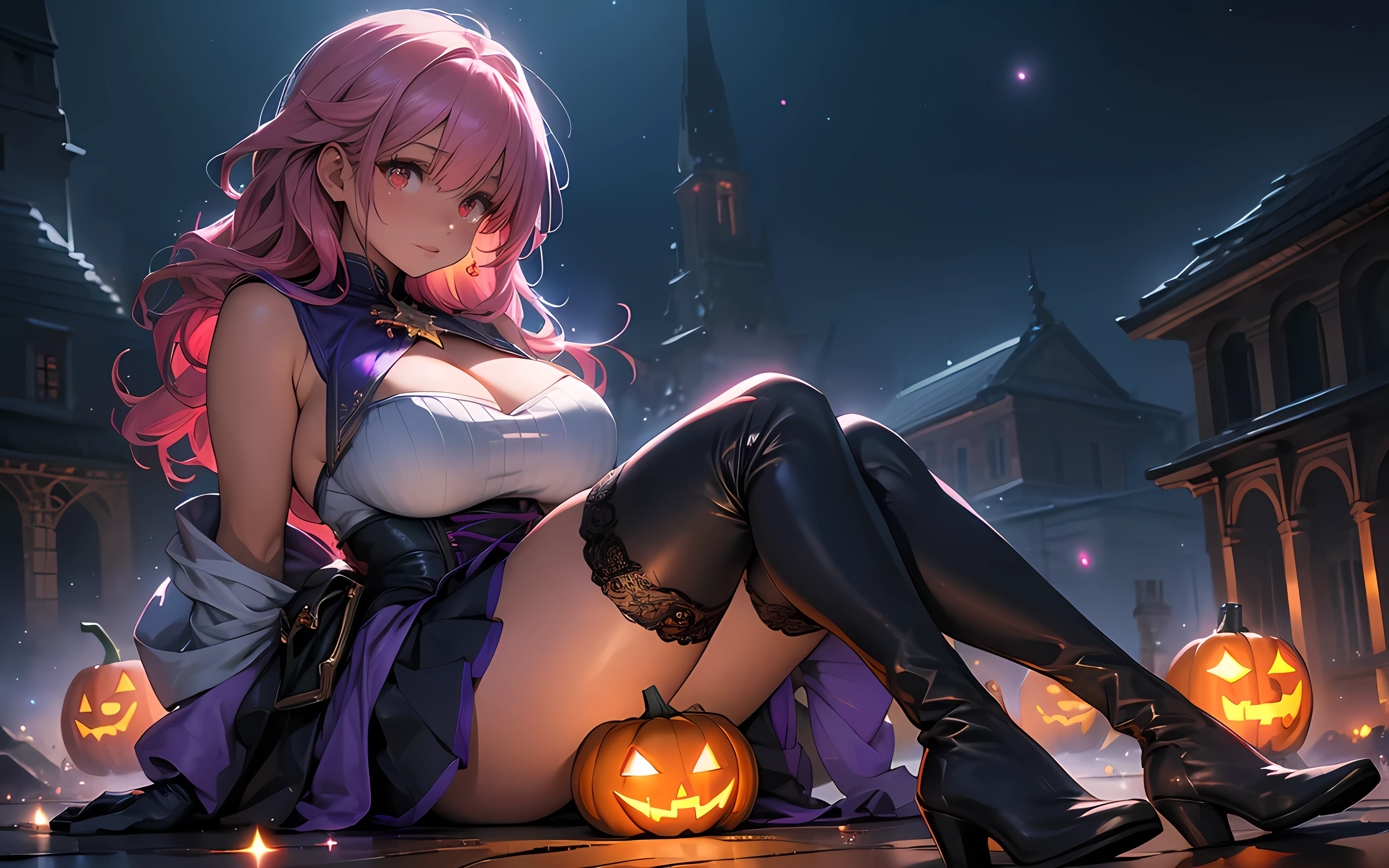 a beautiful young magical girl, extremely large breasts, cleavage, sleeveless outfit, gloves up tothe elbows, stockings, thigh-high boots, extremely detailed, photorealistic, 8k, highest quality, intricate magical effects, glowing magic circle, sparkling magical lights, beautiful starry night sky, holding a mystical evil glowing pumpkin in each hand, ((((( sitting on the ground leaning back ))))), Halloween, cinematic lighting, fantasy, ghostly mist on the ground, evil glowing red eyes hiding, vibrant colors, digital art