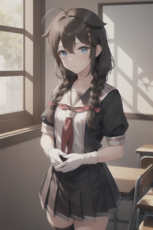 Shigure, Shigure, Ahoge, Brown Hair,  blue eyes ,  braid,  hair ornament,  hair over shoulders , Long Hair, single  braid,  hair flap,
break black Gloves, black Seraph, black shirt, black skirt, fingerless Gloves, Gloves,   Neckerchief  , pleated skirt, red   Neckerchief  , Sailor collar,   School Uniforms, Seraph, shirt, skirt, white Sailor collar,
break looking at viewer, 
break indoors, classroom,
break (masterpiece:1.2), Best Quality,  Kampala,  Unity 8k wallpaper, (Illustration:0.8), (  beautiful eyes down to the smallest detail :1.6),   Highly Detailed Facial Repair, Perfect lighting , extremely detailed CG, (Perfect hands,  perfect anatomy),