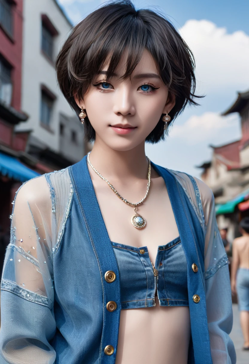 1youngboy, (nsfw), The high resolution photograph of a Chinese ((femboy)) boy, (realistic, photo-realistic:1.2), (best quality, masterpiece), RAW photo, intricate details, extremely detailed, insanely detailed, incredibly detailed, sharp focus, solo, 1boy, standing, (bob haircut), necklace, earrings, jewelry, detailed face, beautiful detailed eyes, beautiful pupils, pale skin, fair skin, big smile, (exbitionism, public indecency), (flat chest:1.8), (low-rise denim pants, naked under sheer blue cardigan:1.4), (thin nipples), perfect anatomy, photo background, outdoors, city scape, blue sky and clouds, crowd in public,