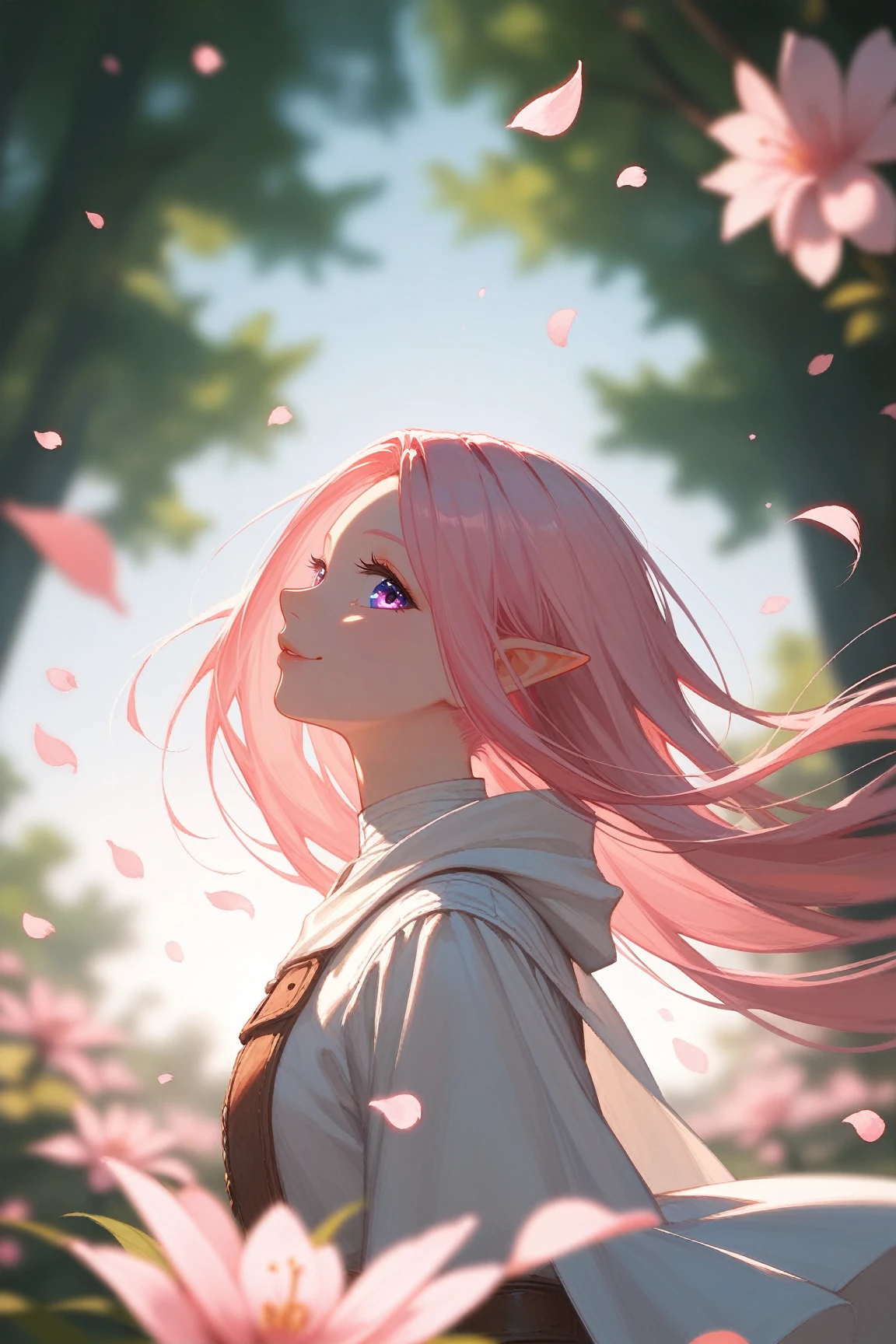 score_9, score_8_up, score_7_up, (masterpiece, UHD, 8K, 16K, ultra detailed), source_anime, sfw, (from below, profile), 1girl, elf girl, pink eyes, beautiful eyes, long hair, ponytail, pink hair, holding a pink flower, white tunic with hood, looking up to the sky, intricate details, (murmuring flower petals), (wind:1.3), (medieval fantasy), sakura forest background, (depth of field), bokeh, diffused light, dramatic ambient